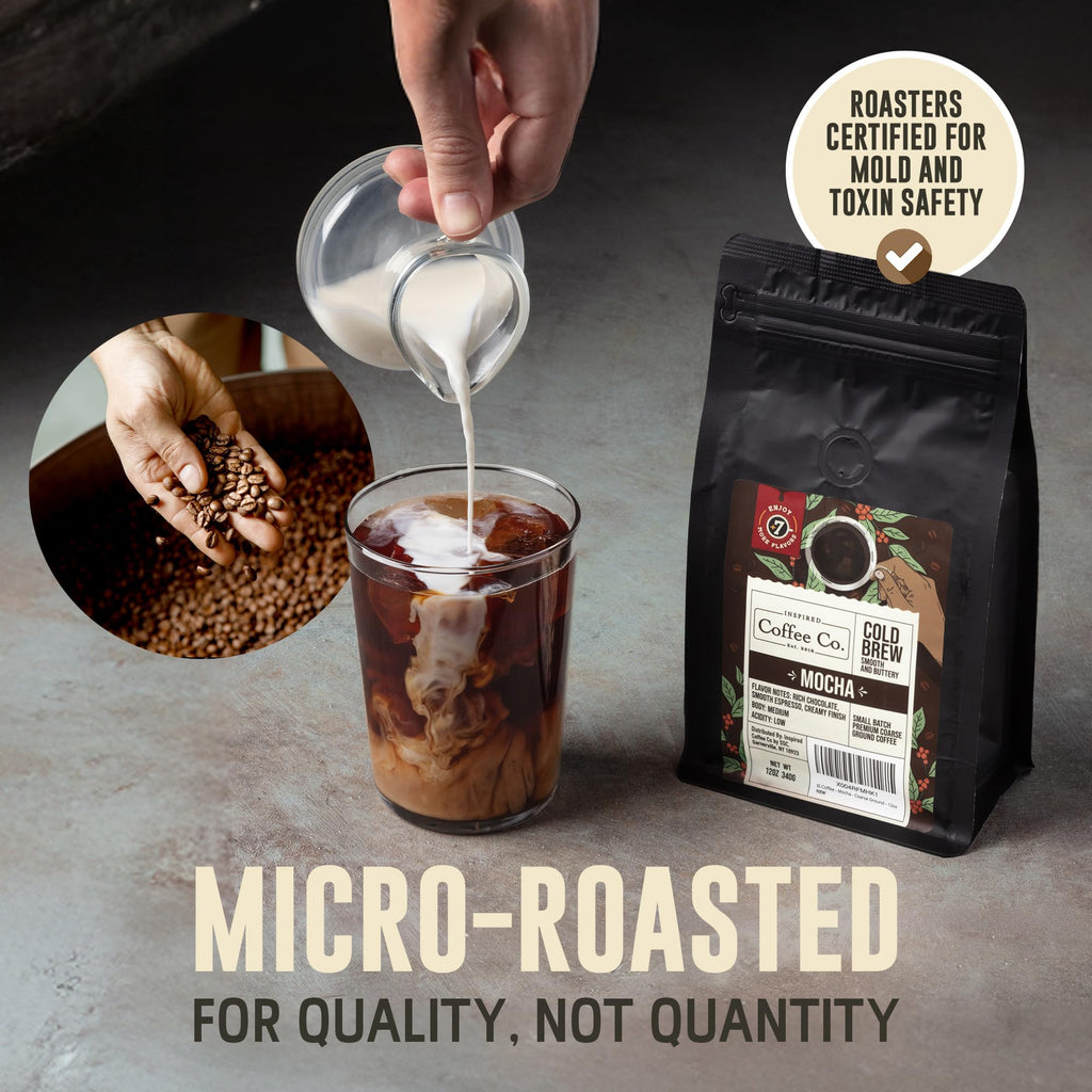 Inspired Coffee Co Cold Brew Coffee - Mocha Flavored - Coarse Ground Beans For Perfect Medium Roast Low Acid Smooth Taste - 100% Arabica Grounds 12 oz. Resealable Bag