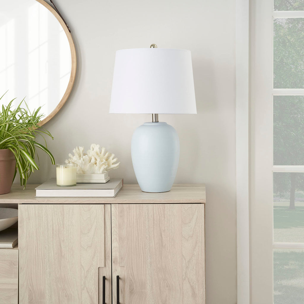 Nourison Home 23" Coastal Blue Ceramic Pot Table Lamp for Bedroom, Living Room, Dining Entryway, with White Shade