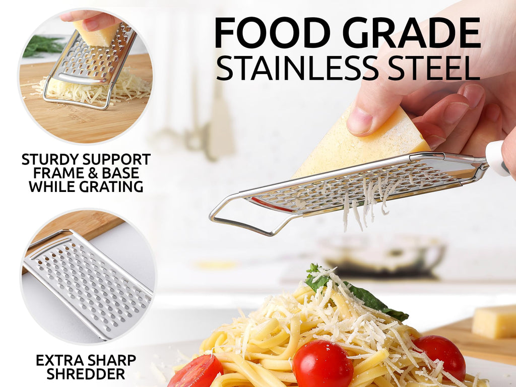 Zulay Kitchen Professional Cheese Grater Stainless Steel - Durable Rust-Proof Metal Lemon Zester Grater With Handle - Flat Handheld Grater For Cheese, Chocolate, Spices, And More - Grey