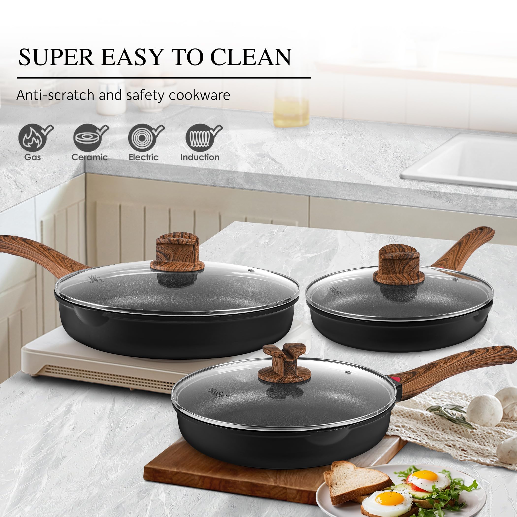 Vinchef 12.5" Non Stick Frying Pans, Skillet with Lid Used for All Stoves, Induction Non Toxic Cookware, Cooking Pans Nonstick Capable of Kitchen