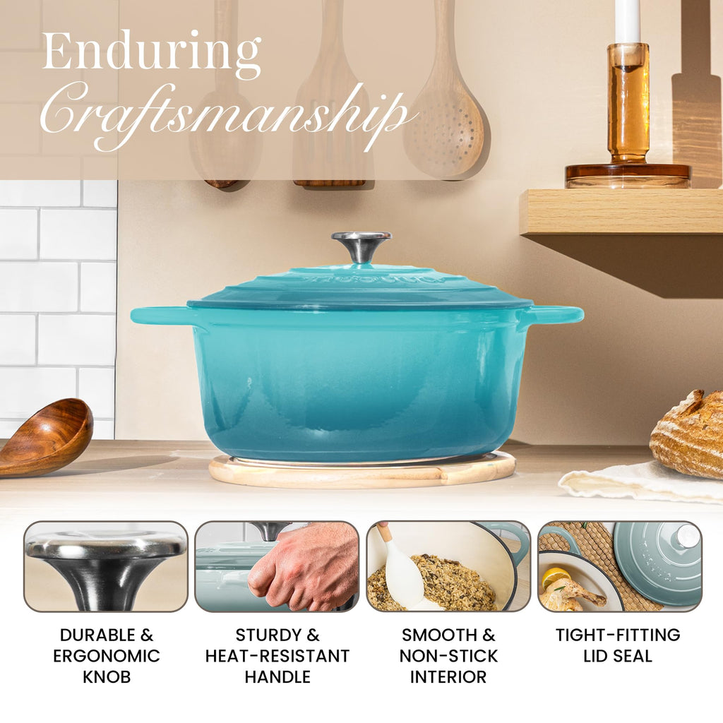Cast Iron Dutch Oven with Lid-Non-Stick Ovenproof Enamelled Casserole Pot - Sturdy Dutch Oven Cookware-Teal, 7.3- Quart, 30cm- by Nuovva
