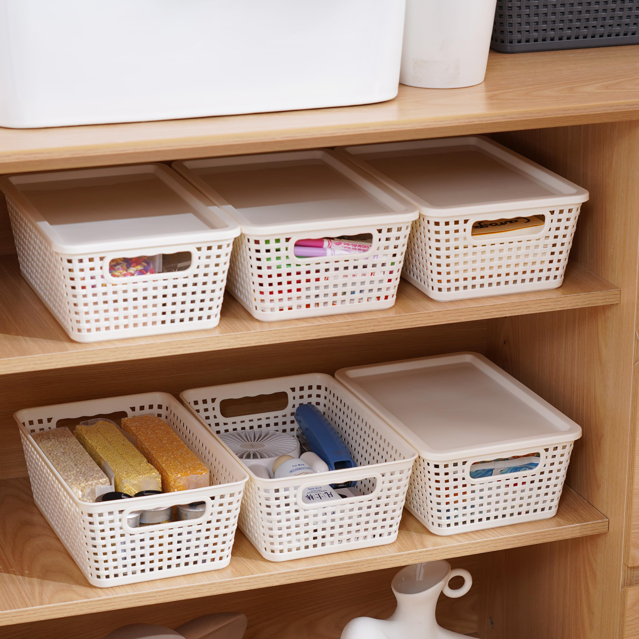 Anywish Plastic Storage Baskets With Lid, Storage Bins for Organizing, Stackable Decorative Containers for Shelves Drawers Desktop Closet Playroom Classroom Office, 8 Pack-White