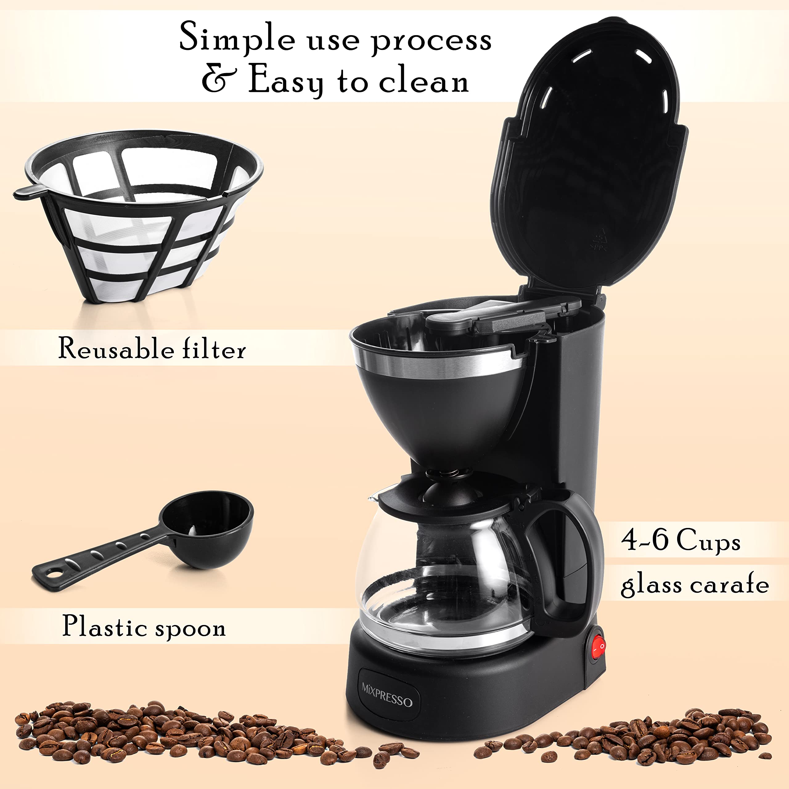 Mixpresso 5 Cup Drip Coffee Maker, Coffee Pot with Reusable Filter, Black