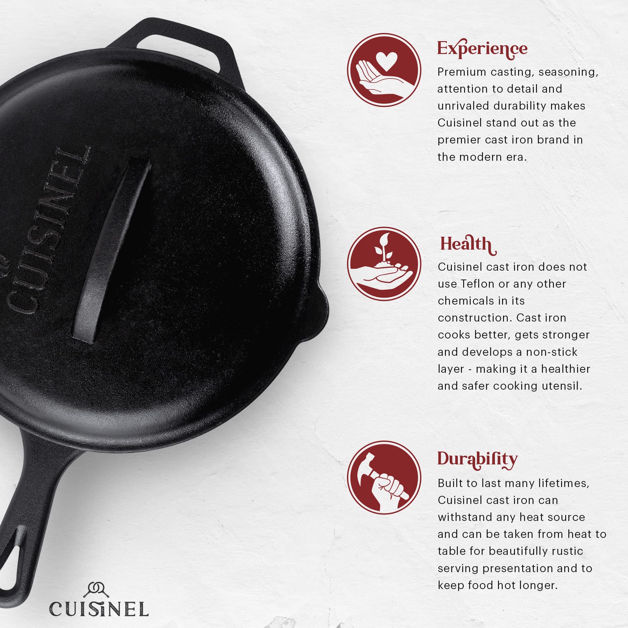 Cuisinel Cast Iron Skillets Set with Lids - 8"+10"+12"-inch Pre-Seasoned Covered Frying Pan Set + Silicone Handle and Lid Holders + Scraper/Cleaner - Indoor/Outdoor, Oven, Stovetop, Fire Safe Cookware