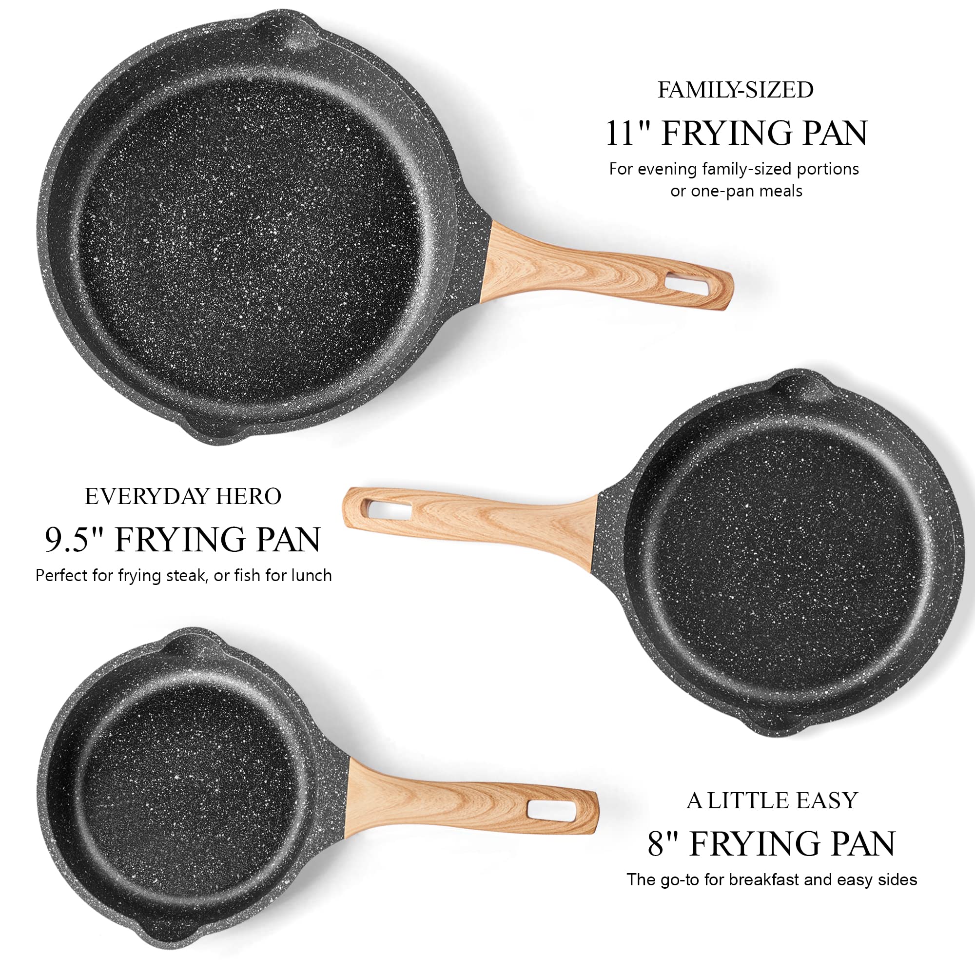 Non Stick Frying Pan Set - YIIFEEO Granite Skillet Set with 100% PFOA & PTFE Free, Induction Egg Omelette Pans for Cooking Pan Set, Cookware Set Nonstick Pots and Pans Set Gift for Women