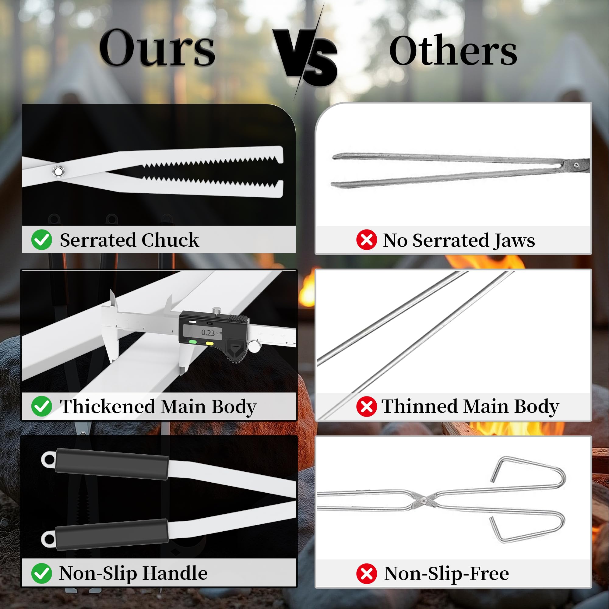 Heavy Duty Fire Tongs Firewood Grabber Tool with Scissor Shape Serrated for Campfire, Bonfire, Fire Pit Log Claw Tongs - Stainless Steel