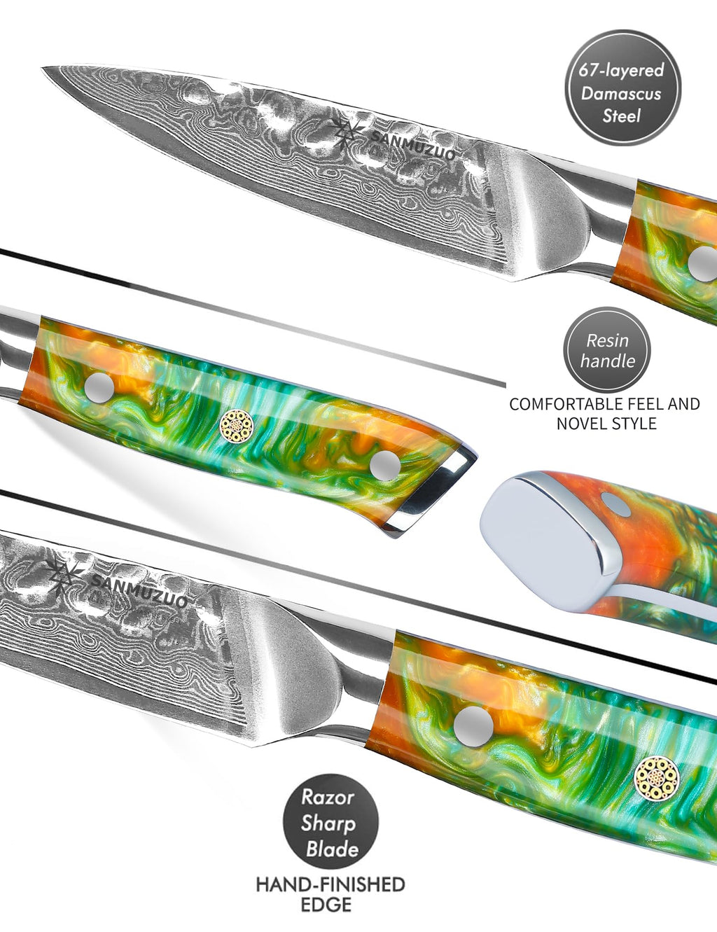 SANMUZUO 3.5 Inch Paring Knife - Fruit and Vegetable Peeling Knives, Forged Damascus Steel & Resin Handle - YAO Series