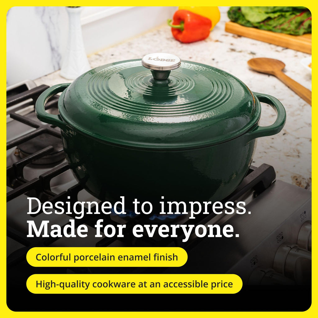 Lodge Essential Enamel Cast Iron Dutch Oven 6 Quarts - Perfect for Bread Baking, Braising, Marinating & Slow Cooking, Features Moisture-Sealing Lid & Dual Handles, Kitchen Essentials, Evergreen