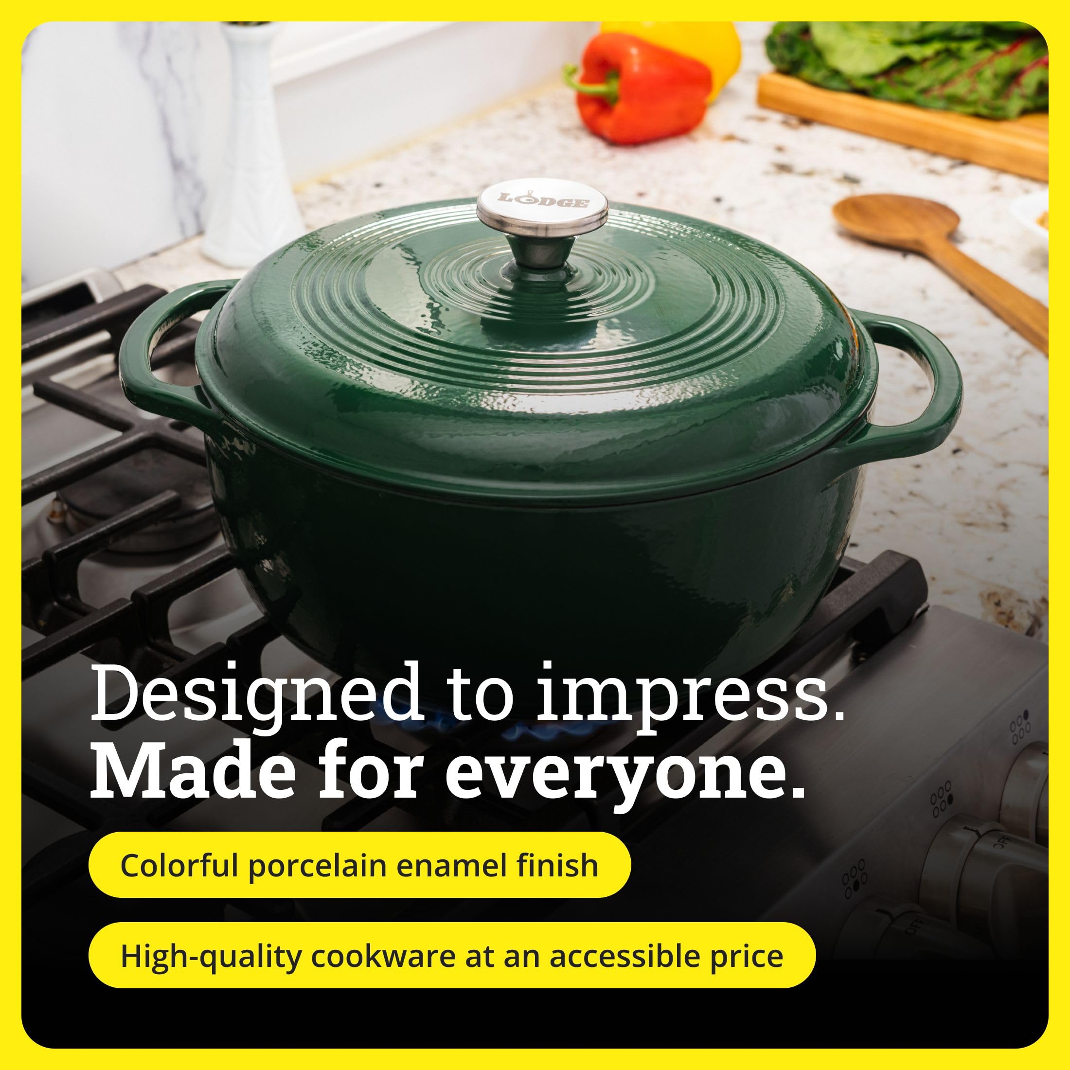 Lodge Essential Enamel Cast Iron Dutch Oven 6 Quarts - Perfect for Bread Baking, Braising, Marinating & Slow Cooking, Features Moisture-Sealing Lid & Dual Handles, Kitchen Essentials, Evergreen
