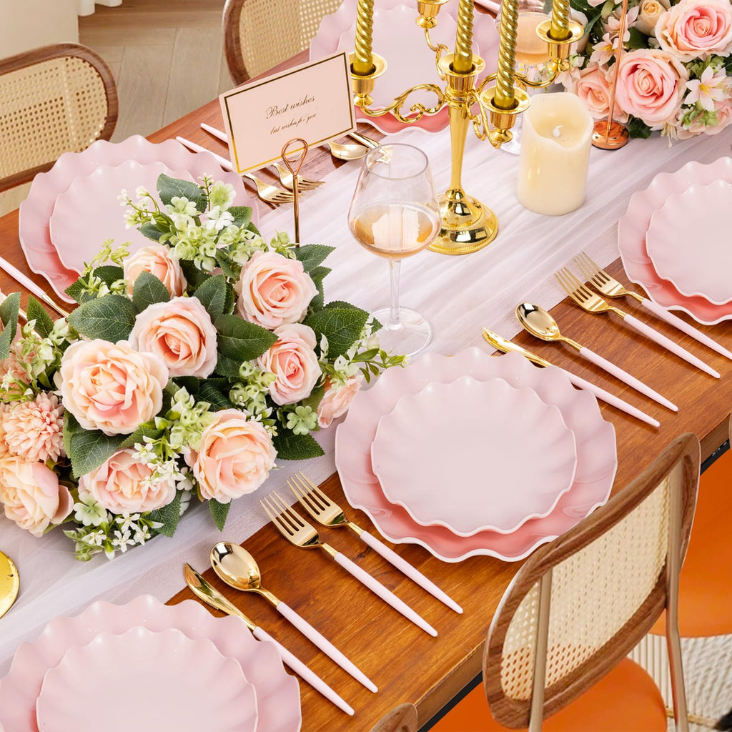 LIYH 50 Pcs Pink Plastic Plates Reusable - Durable and Dishwasher Safe Baby Shower Plates Wavy Daisy Plastic Flower Plate for Party Wedding Birthday Picnics BPA Free (25Guests)