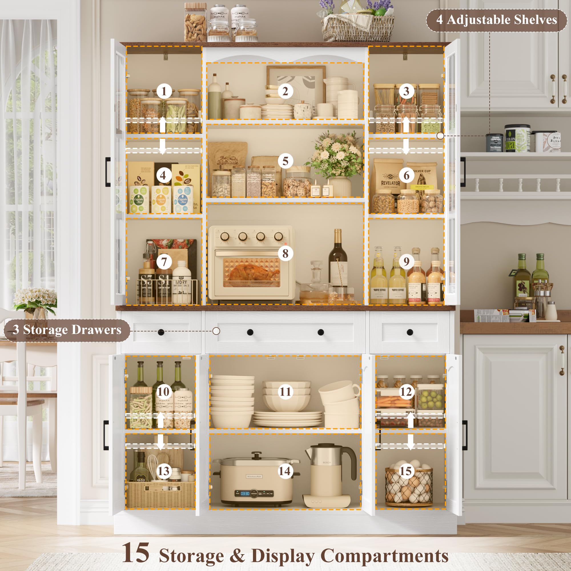 Keyluv 74.8" Tall Pantry Cabinet with Microwave Stand, Large Storage Kitchen Hutch with 3 Drawers & Adjustable Shelves, Arched Glass Door Buffet Cabinet for Kitchen, Dining Room, Living Room, White