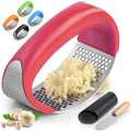 Zulay Kitchen Stainless Steel Garlic Press Rocker Set - Premium Garlic Mincer Garlic Crusher - New Innovative Garlic Crusher with Peeler and Scraper - Comfortable Grip (Red)