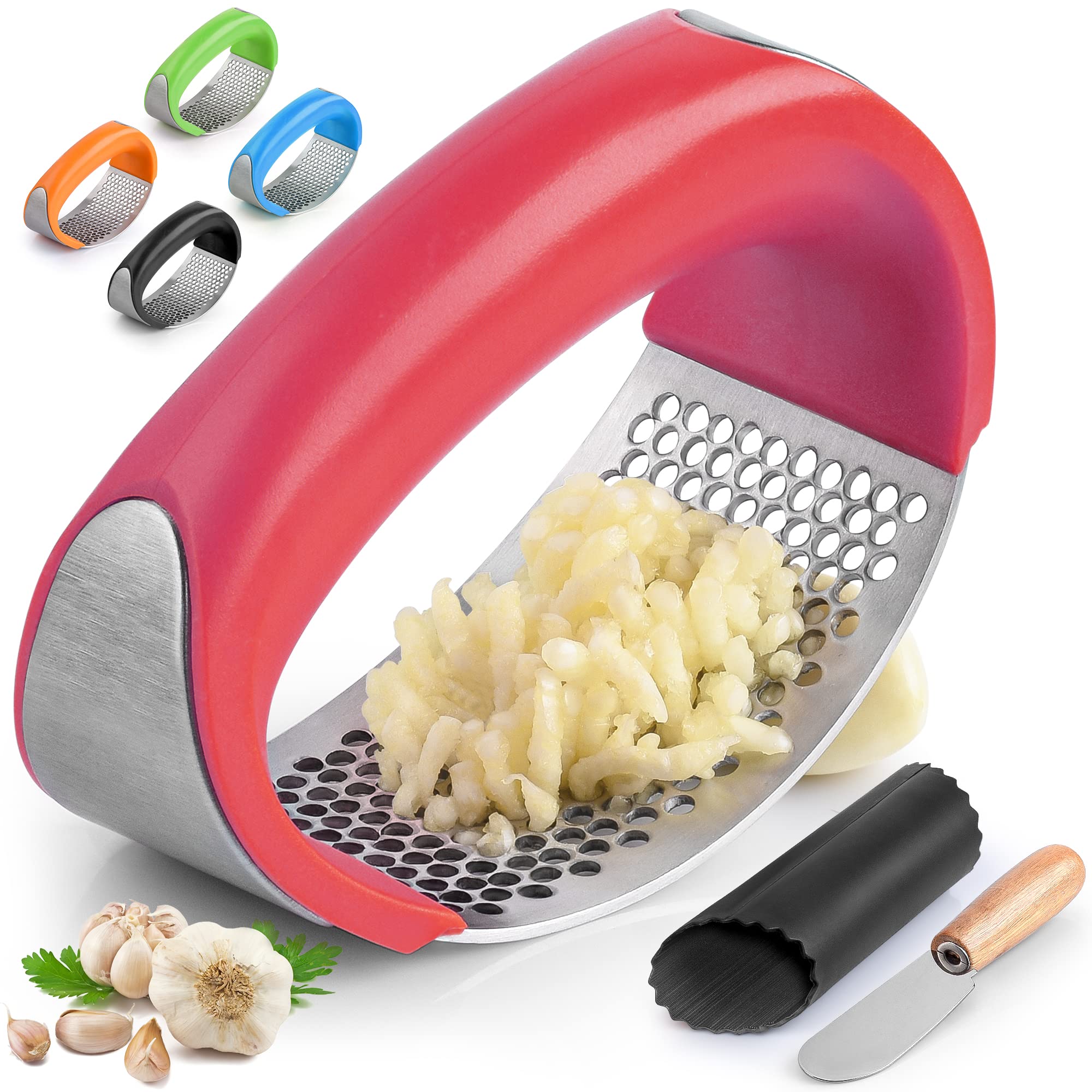 Zulay Kitchen Stainless Steel Garlic Press Rocker Set - Premium Garlic Mincer Garlic Crusher - New Innovative Garlic Crusher with Peeler and Scraper - Comfortable Grip (Red)