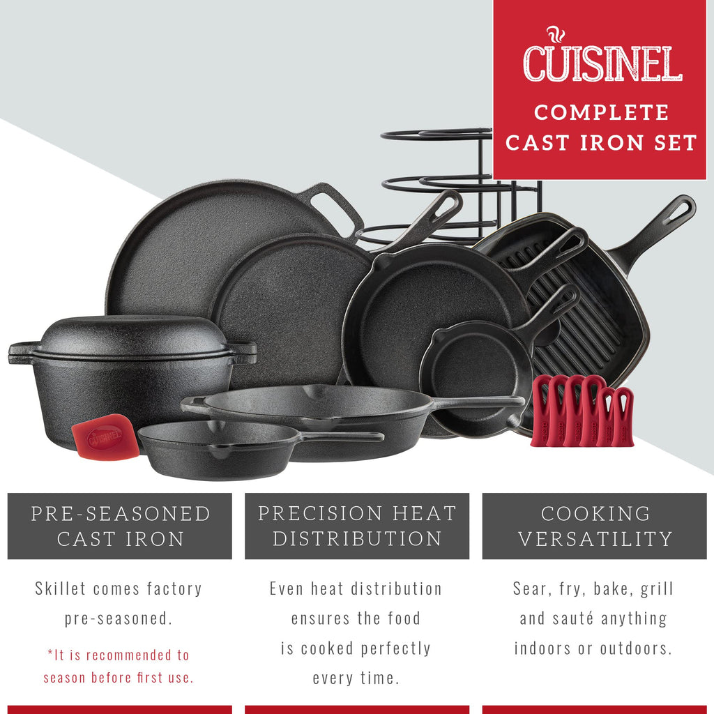 Cast Iron Cookware 18-Piece Set - Pre-Seasoned 6" + 8" + 10" + 12" Skillet + Grill Pan+Lid + Griddle + Pizza Pan + Dutch Oven+Cover/Pan + Panrack + Silicone Handle Cover + Pan Scraper/Cleaner