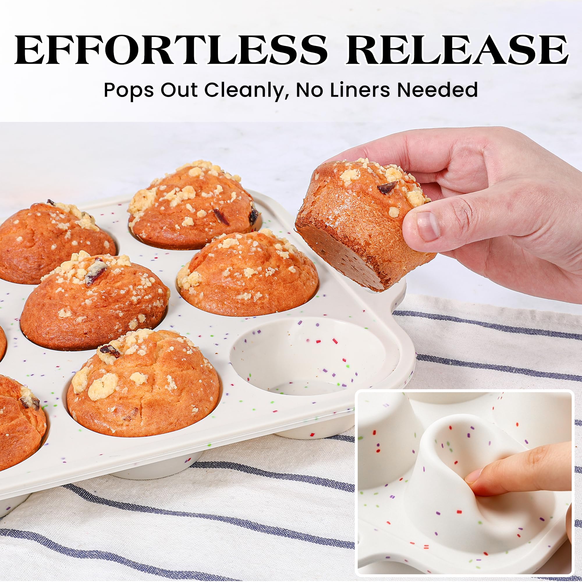 AOTASO Silicone Muffin Pan with Metal Frame, Nonstick 12 Cup Regular Size Cupcake Pan, Silicone Muffin Tray for Baking Egg Bites Muffins Cupcakes Gifts for Mom Home Baker Kitchen (1 Pc, Cream)