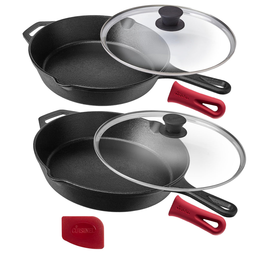 Cuisinel Cast Iron Skillet Set - 10" + 12" Frying Pan + Glass Lids + 2 Handle Cover Grips - Pre-Seasoned Oven Cookware - Indoor/Outdoor Use - Grill, Stovetop, Induction, BBQ, Camping, Fire Use