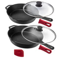 Cuisinel Cast Iron Skillet Set - 10" + 12" Frying Pan + Glass Lids + 2 Handle Cover Grips - Pre-Seasoned Oven Cookware - Indoor/Outdoor Use - Grill, Stovetop, Induction, BBQ, Camping, Fire Use