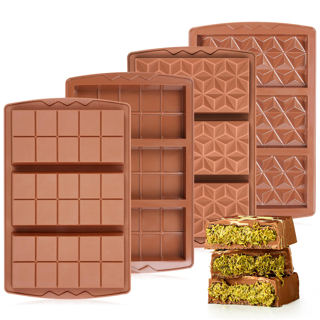 KASHME 4 Pcs Chocolate Bar Mold Deep Dubai 0.85 Inch Stuffed Chocolate Molds Silicone Large Break Apart Silicone Molds (10 Snap + Pyramid)