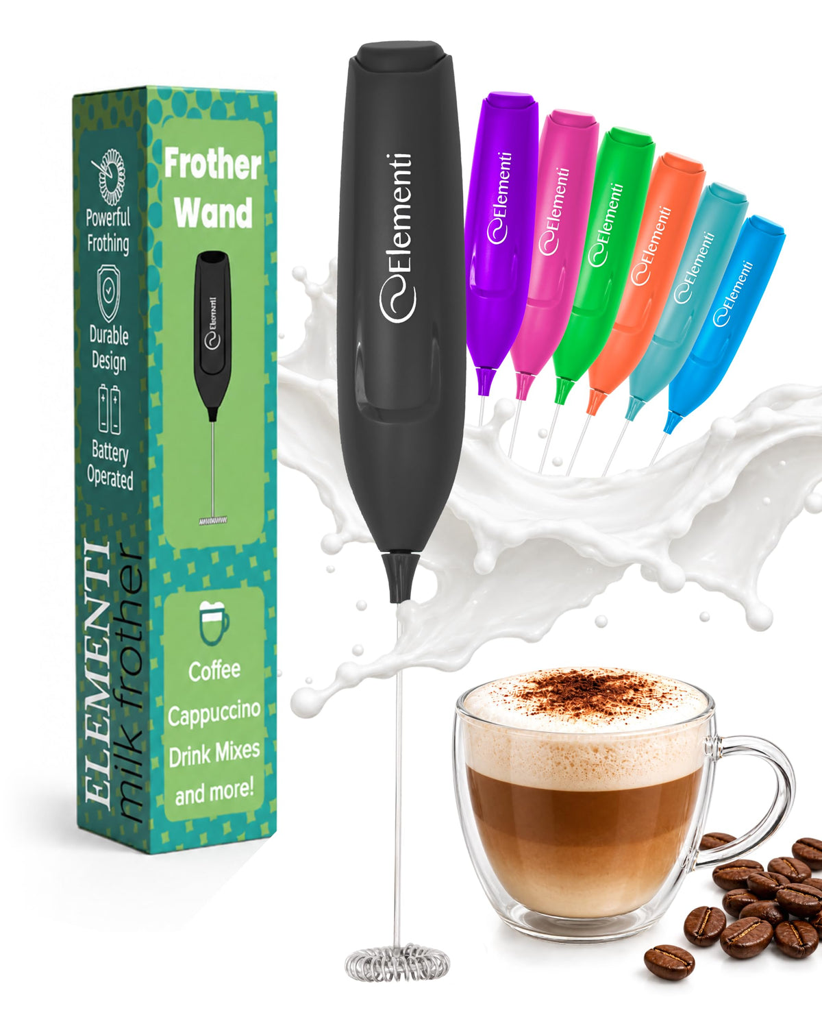 Elementi Powerful Frother Wand – Lightweight Milk Frother & Drink Mixer Handheld, Matcha Whisk for Dreamy Lattes, Powerful Coffee Mixer Wand & Blender Stirrer - Make Creamy Cappuccinos at Home (Teal)