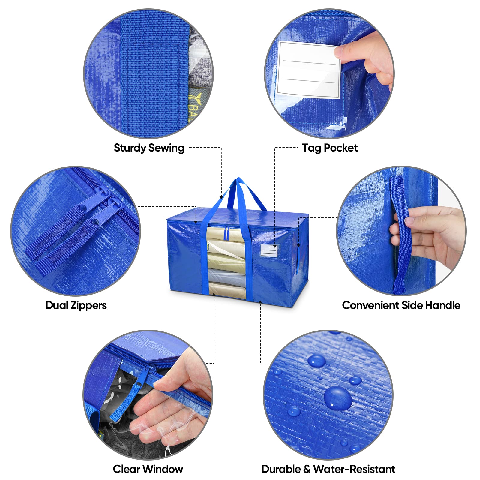 BALEINE 4-Pack Oversized Moving Bags with Reinforced Handles, Heavy-Duty Storage Tote Moving Supplies for Packaging, Camping (Blue w/Window, 4-Pack)