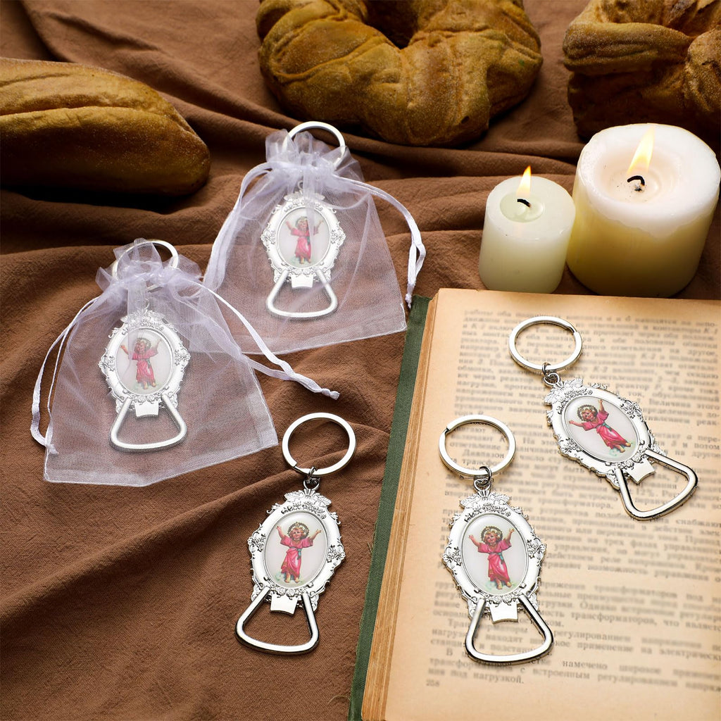 Misdary 12 Pcs Divine Jesus Bottle Opener Keychain Catholic Bottle Opener with Organza Baptism Party Favor for Guest