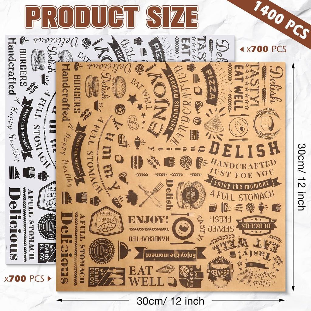 1400 Pcs 12 x 12 Inch Deli Wax Paper Sheets Grease Resistant Tray Basket Liners Newsprint Paper Water and Grease Proof Sandwich Wrapping Square Hot Dog Wrappers for Food Baking (Brown,White)