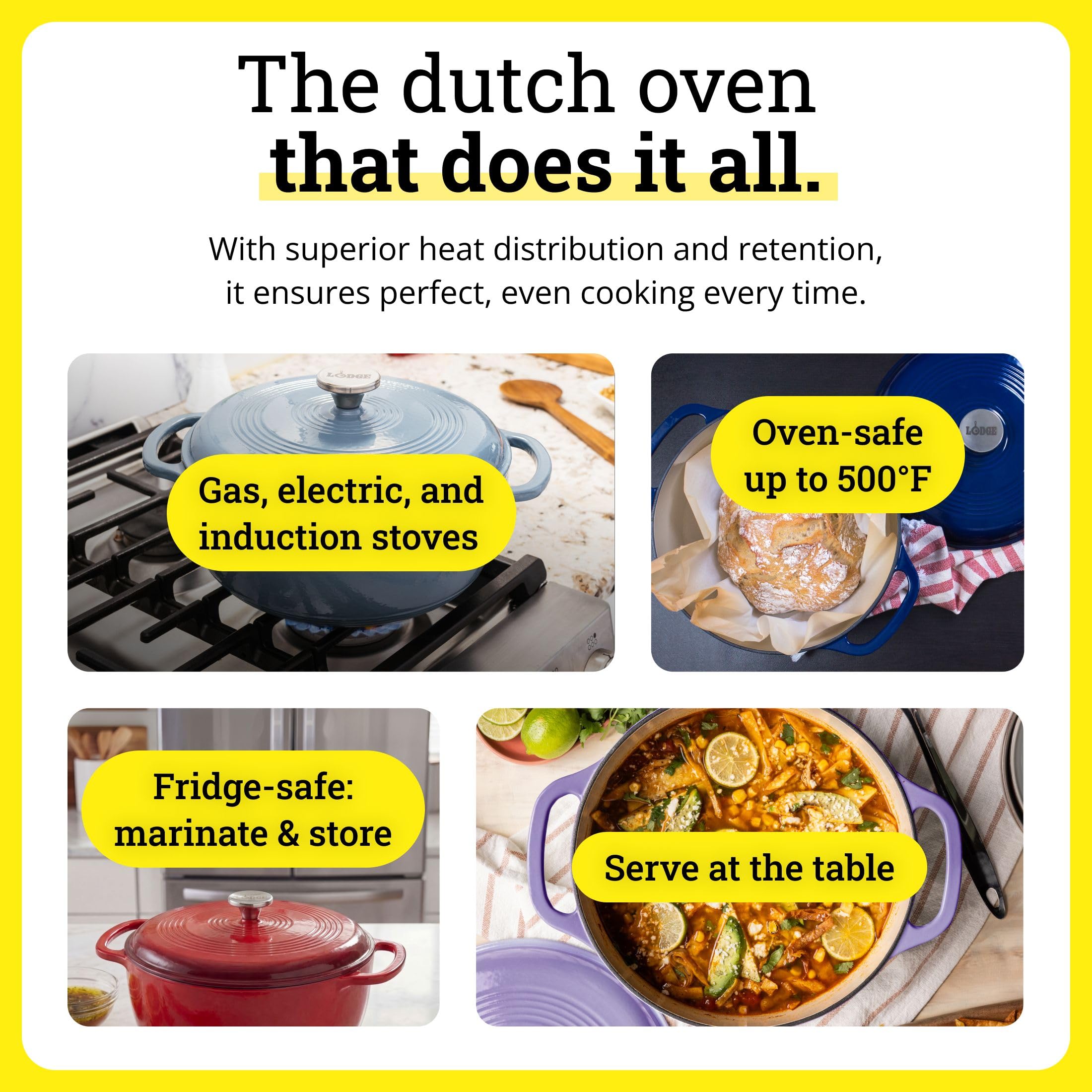 Lodge Essential Enamel Cast Iron Dutch Oven 6 Quarts - Perfect for Bread Baking, Braising, Marinating & Slow Cooking, Features Moisture-Sealing Lid & Dual Handles, Kitchen Essentials, Evergreen