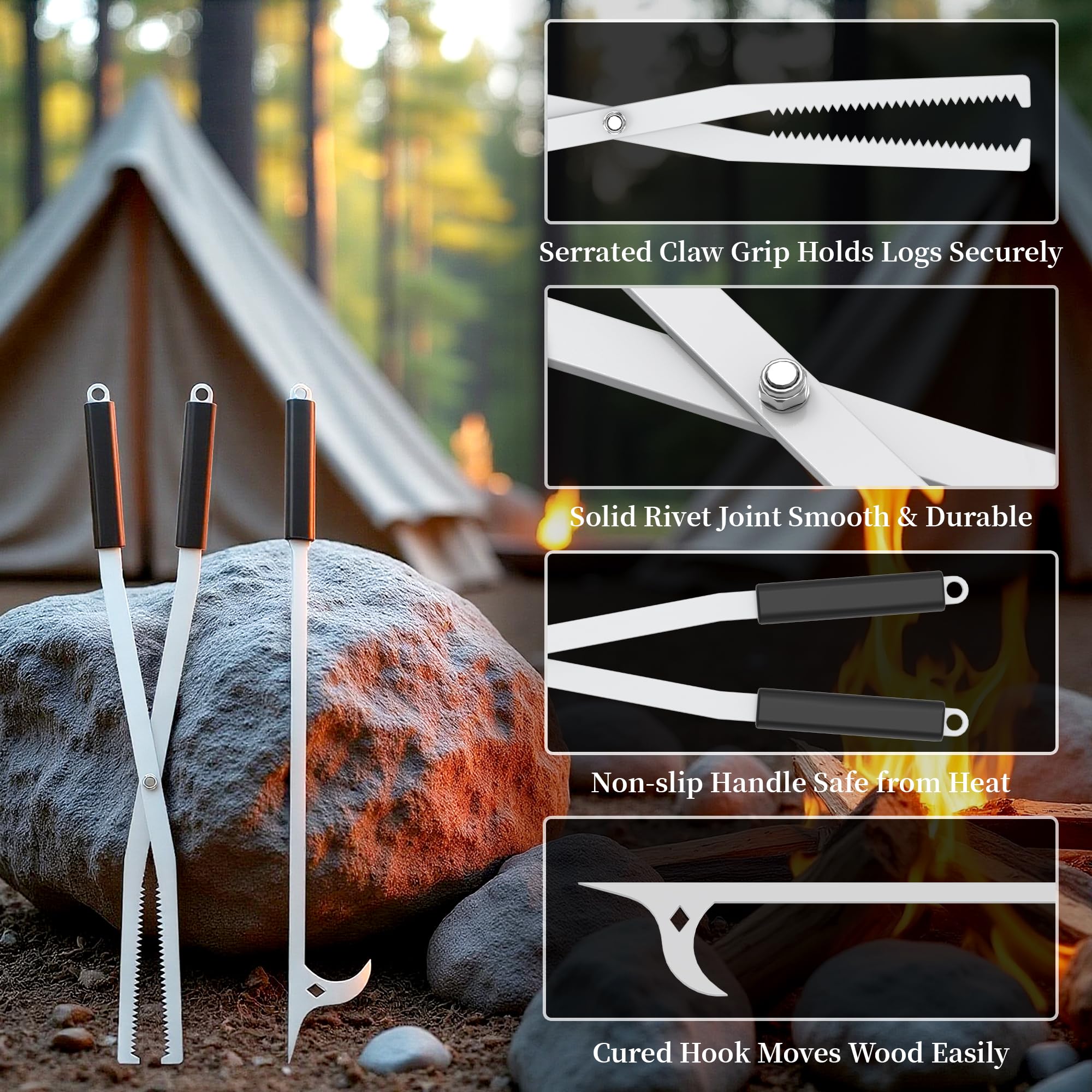 Heavy Duty Fire Tongs Firewood Grabber Tool with Scissor Shape Serrated for Campfire, Bonfire, Fire Pit Log Claw Tongs - Stainless Steel