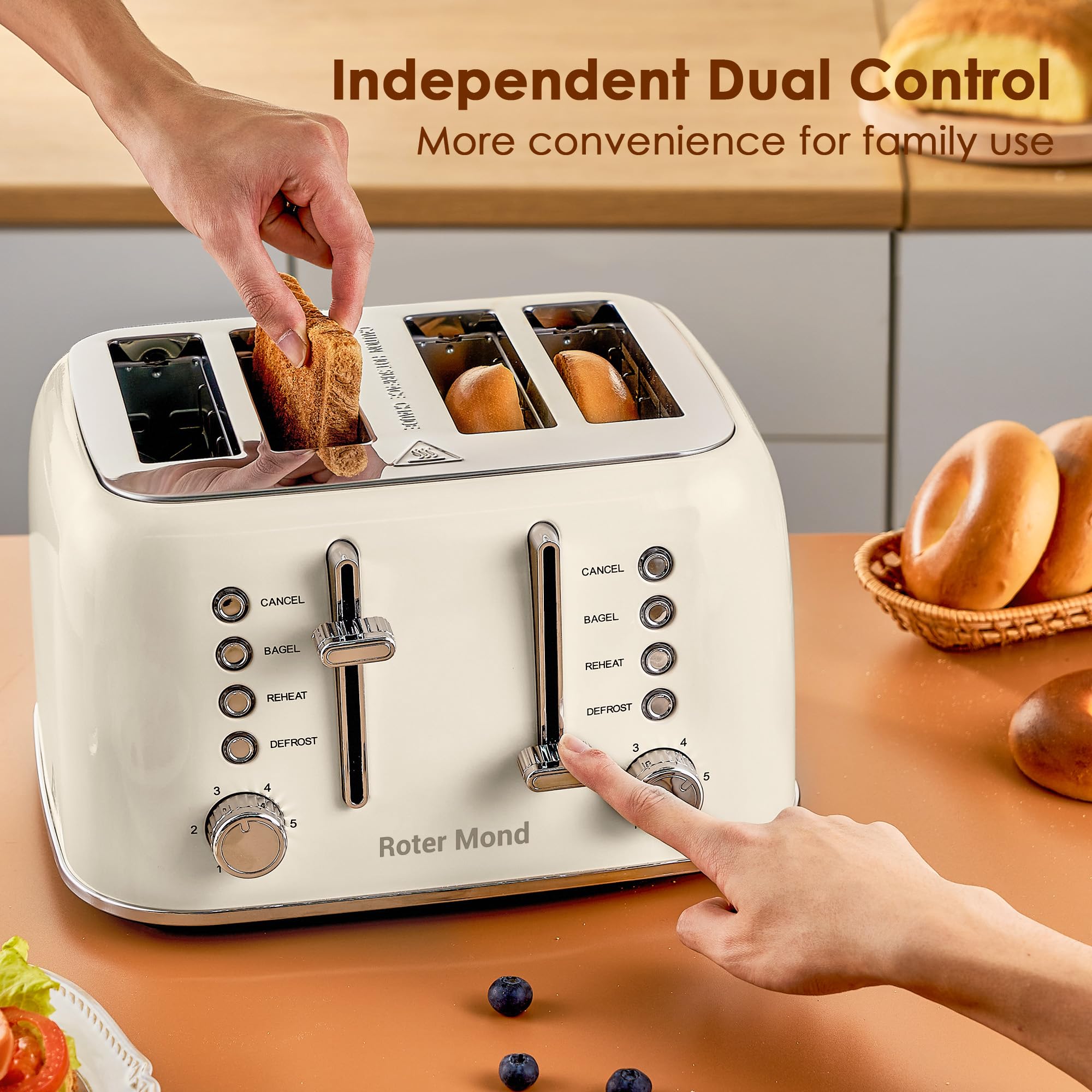 Roter Mond Toaster 4 Slice Retro Stainless Steel with Extra Wide Slots Bagel, Defrost, Reheat Function, Dual Independent Control Panel, Removable Crumb Tray, 6 Browning Levels, Cream White