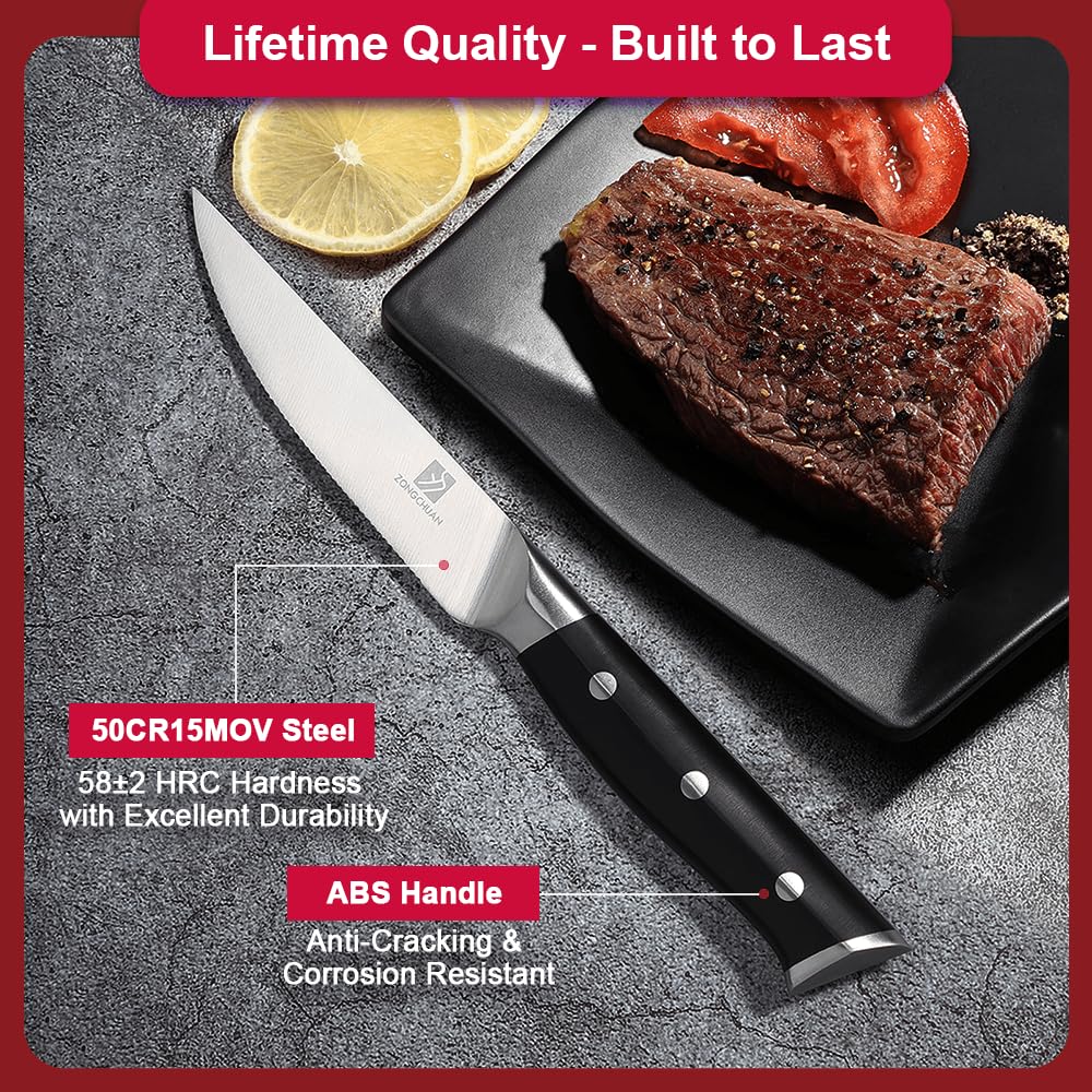 Steak Knives,4.5 Inch Steak Knife Set of 4,Micro-Cutting Point Serrated Edge,Razor Sharp Kitchen Knife,50CR15MOV Stainless Steel,Dishwasher Safe,Ergonomic Handle And Full Tang Design With Gift Box