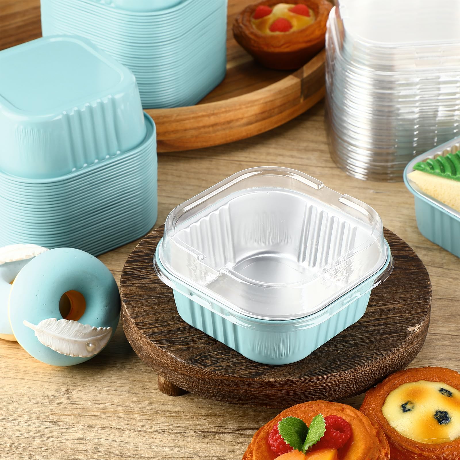 Aoriher 150 Pcs 10 oz Mini Cake Pans with Lids Aluminum Foil Baking Cup Disposable Square 4 x 4 Large Baking Tin, Muffin Pan Cheesecake Kitchen Brownie Pudding Desserts Holder(Light Blue)