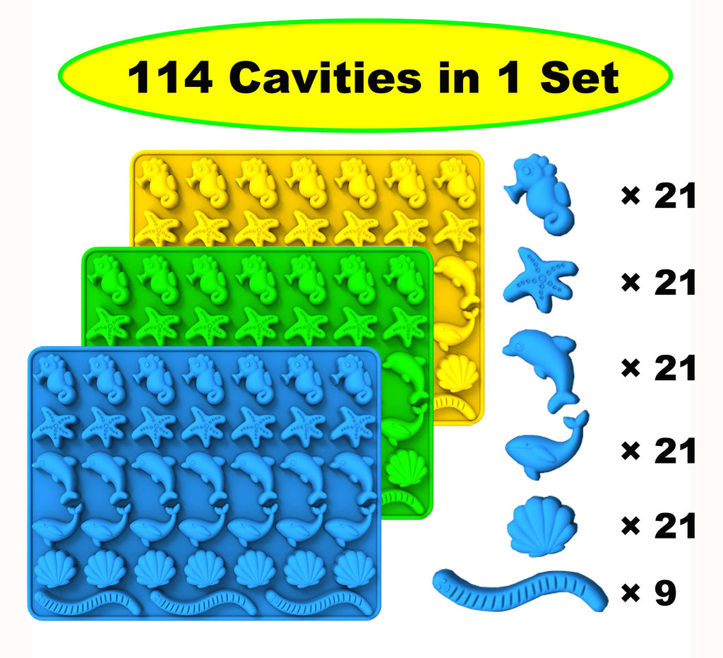KRLIFCSL Mini Gummy Ocean Animals Silicone Candy Molds Including Hippocampus, Starfishs, Dolphins, Whales, Shells, Worms, for Making Gummies, Chocolates, Vitamin Candy, Pack of 3. (Mini Sea Animal)