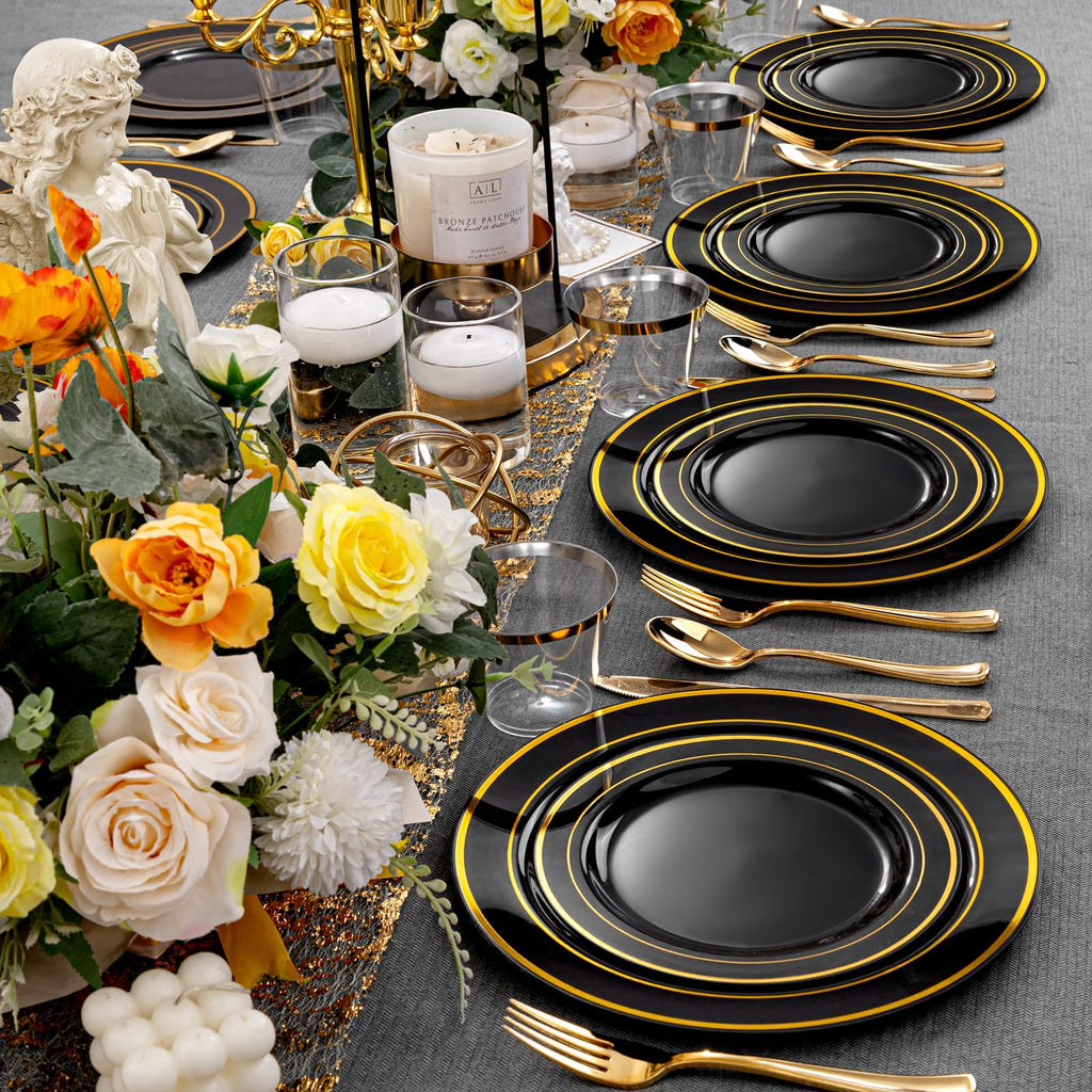 bUCLA 150 Pieces Black and Gold Disposable Dinnerware Set - 25 Guests Black Gold Plastic Plates Include 25 Dinner & 25 Dessert Plates, 25 Spoons, 25 Forks, 25 Knives, 25 Cups for Party & Graduation