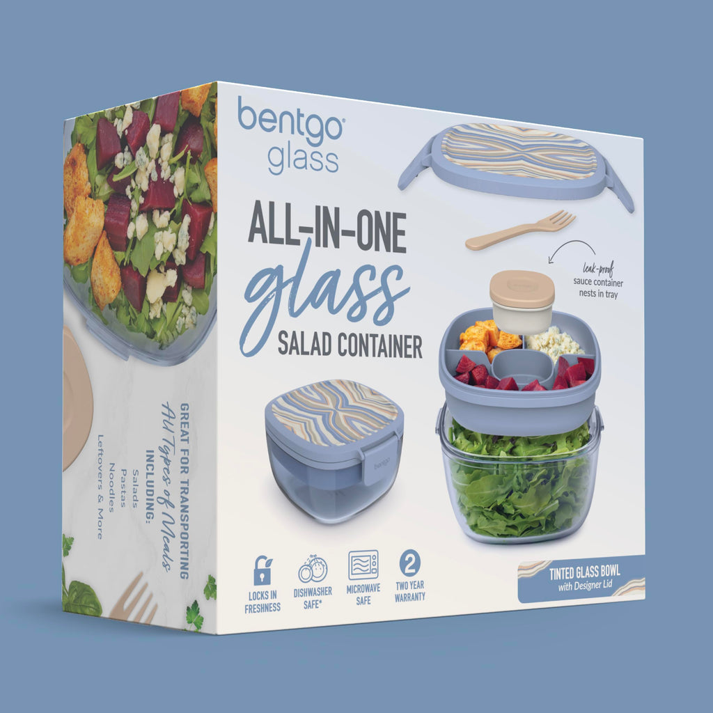 Bentgo Glass Salad Container, 7.6-Cup, 4-Compartment Tray, Reusable Fork