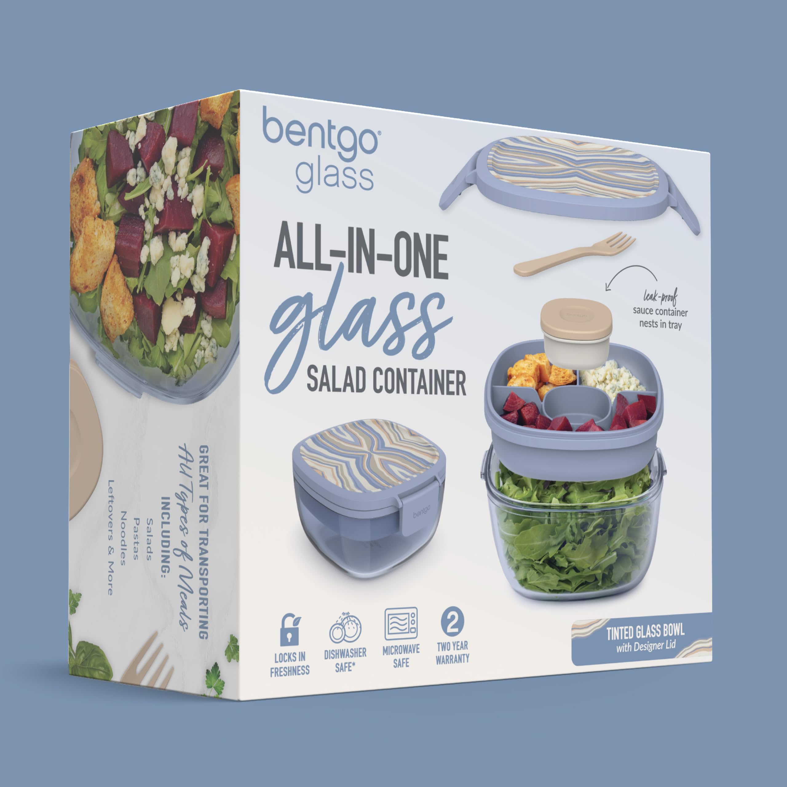 Bentgo Glass Salad Container, 7.6-Cup, 4-Compartment Tray, Reusable Fork