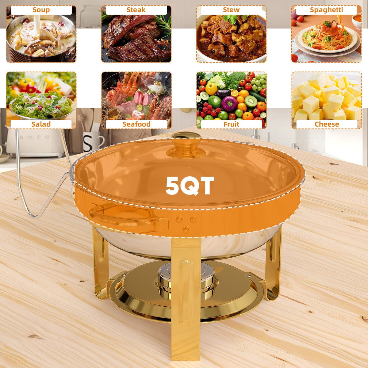 EffiQ-Rate 5QT Round Chafing Dishes for Buffet, Gold, 4 Pack