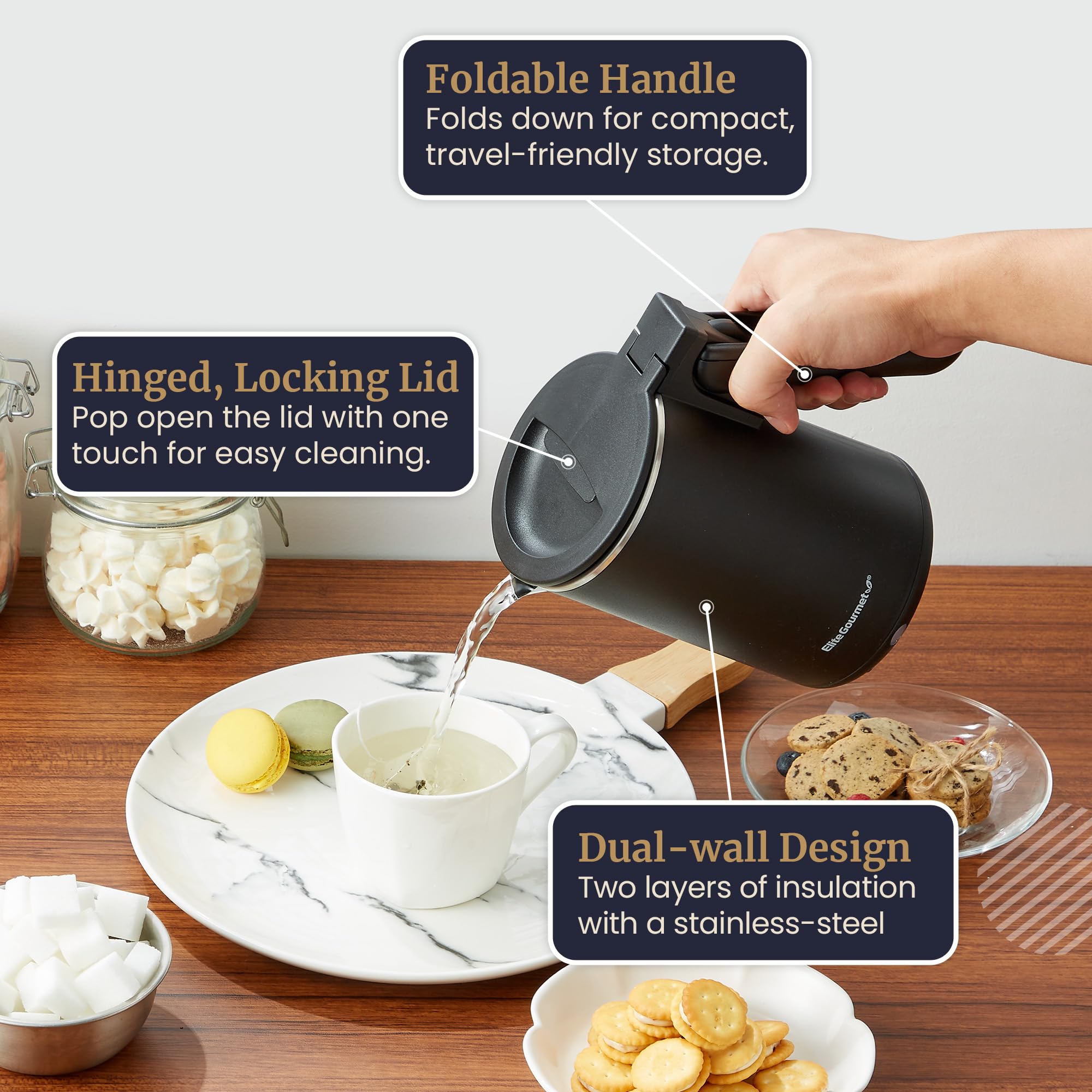 Elite Gourmet Dual-Voltage Travel Kettle, 0.6L Stainless Steel, Black