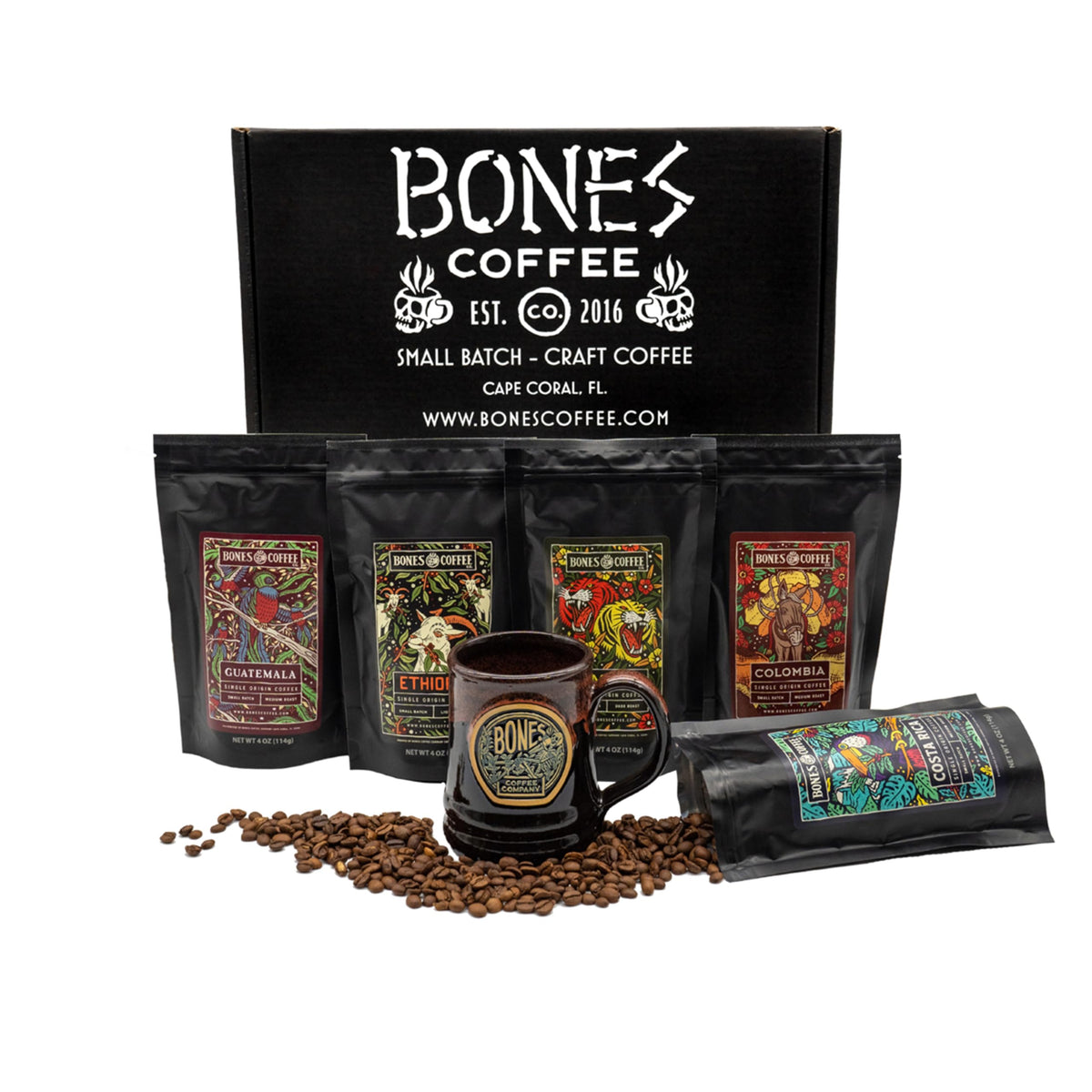 Bones Coffee Company NEW Favorite Flavors Sample Pack, Assorted Flavored Coffee Low Acid Medium Roast Arabica Beans Specialty Coffee Gifts, Auto Drip and French Press Compatible, 4 oz Pack of 5 Ground