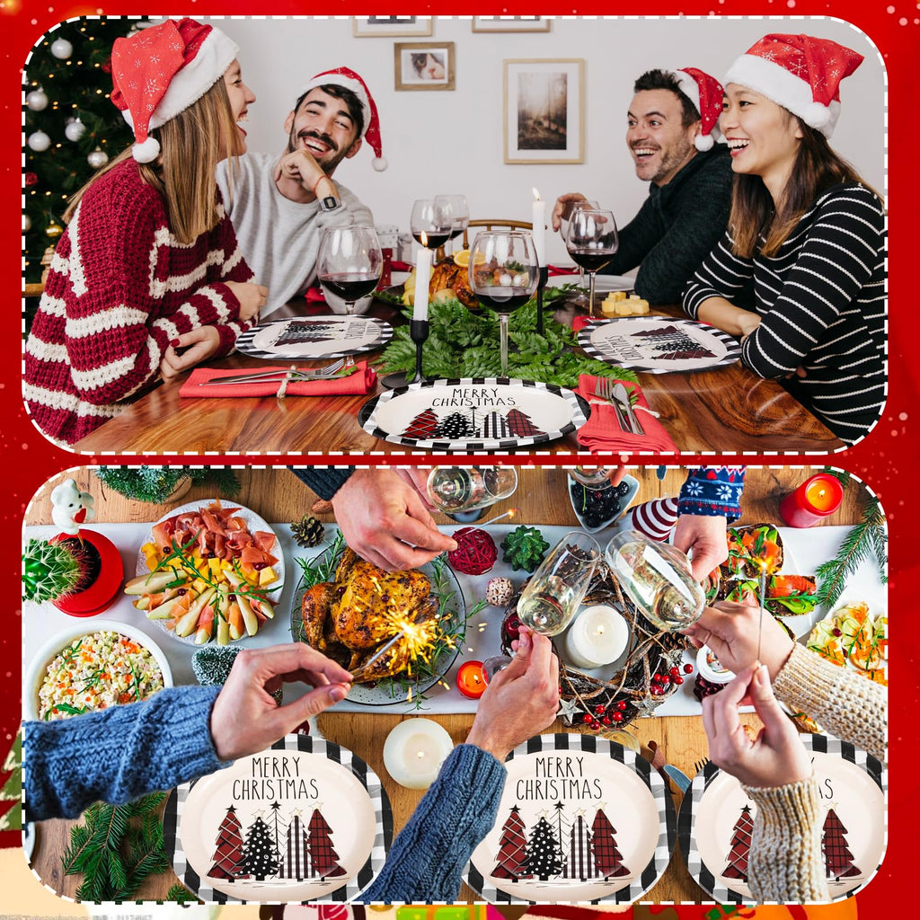 WDF 50Pack Christmas Paper Plates - 10"x12" Christmas Tree Plates Christmas Oval Paper Checkered Plates - Dinner Size Large Disposable Platter Heavy Duty for Happy Christmas Serving