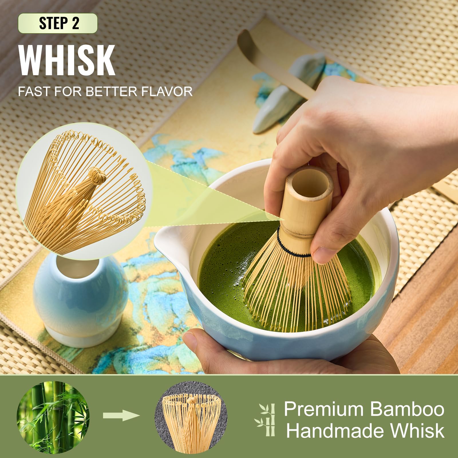 Matcha Whisk Set 7 Pcs Matcha Sets Blue, matcha Kit with Bowl, Whisk and Holder, Bamboo Scoop, Scoop Rest, Sifter & Tea Towel, Tea Gifts for Matche Lovers Making Breakfast Latte