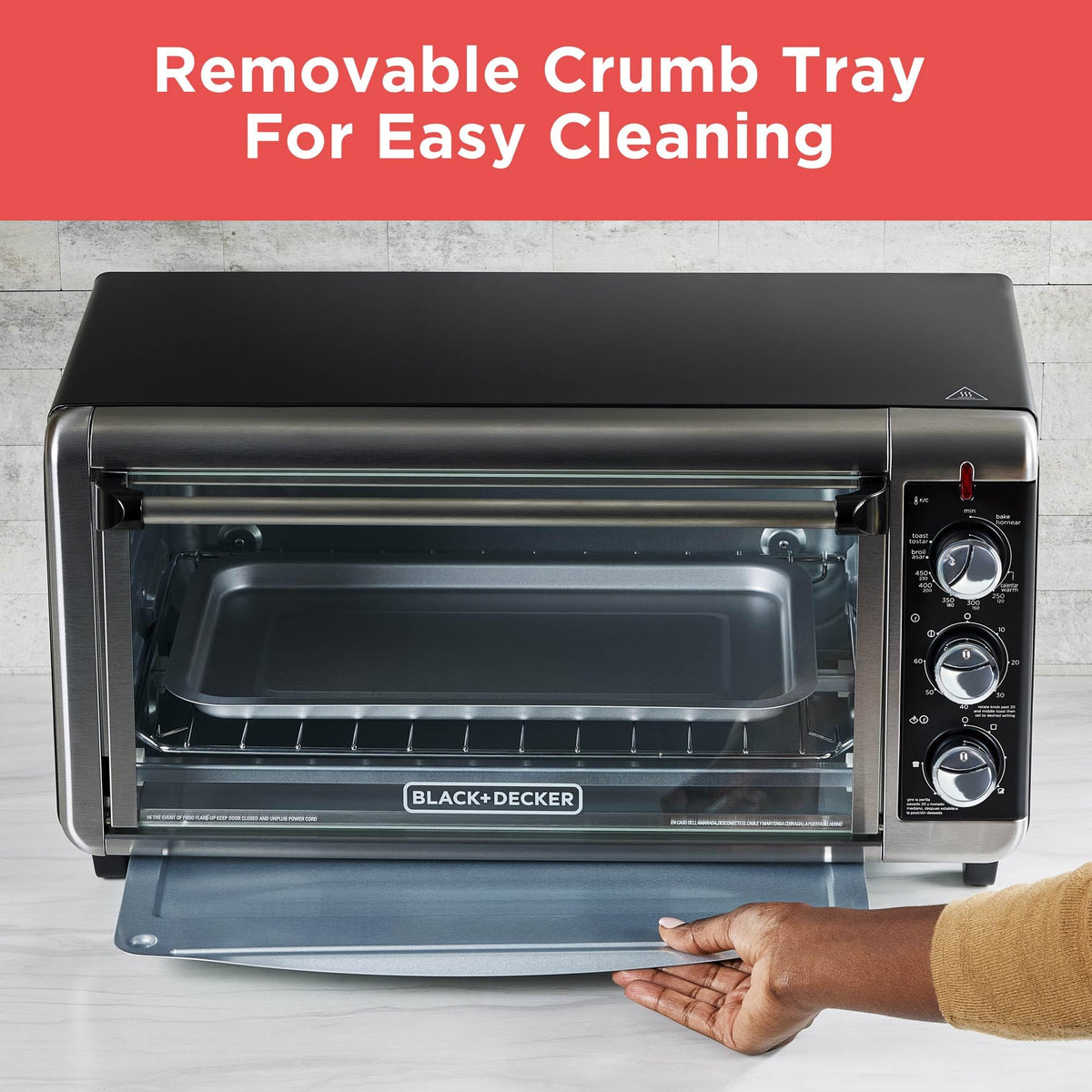 BLACK+DECKER TO3250XSBD 8-Slice Extra Wide Convection Countertop Toaster Oven, Includes Bake Pan, Broil Rack & Toasting Rack, Stainless Steel/Black