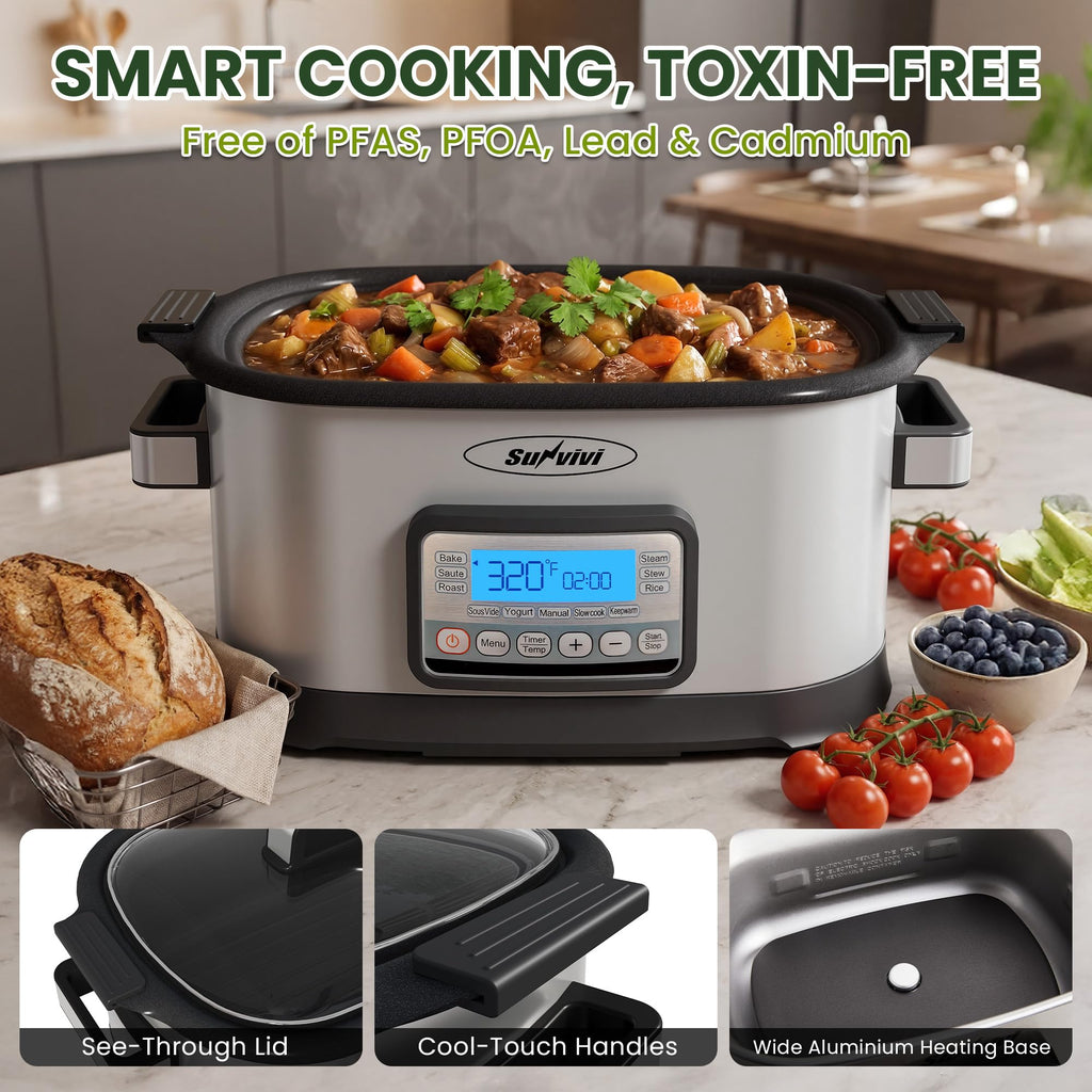 Sunvivi 12-in-1 Programmable Slow Cooker 6.5QT with Timer & Keep Warm