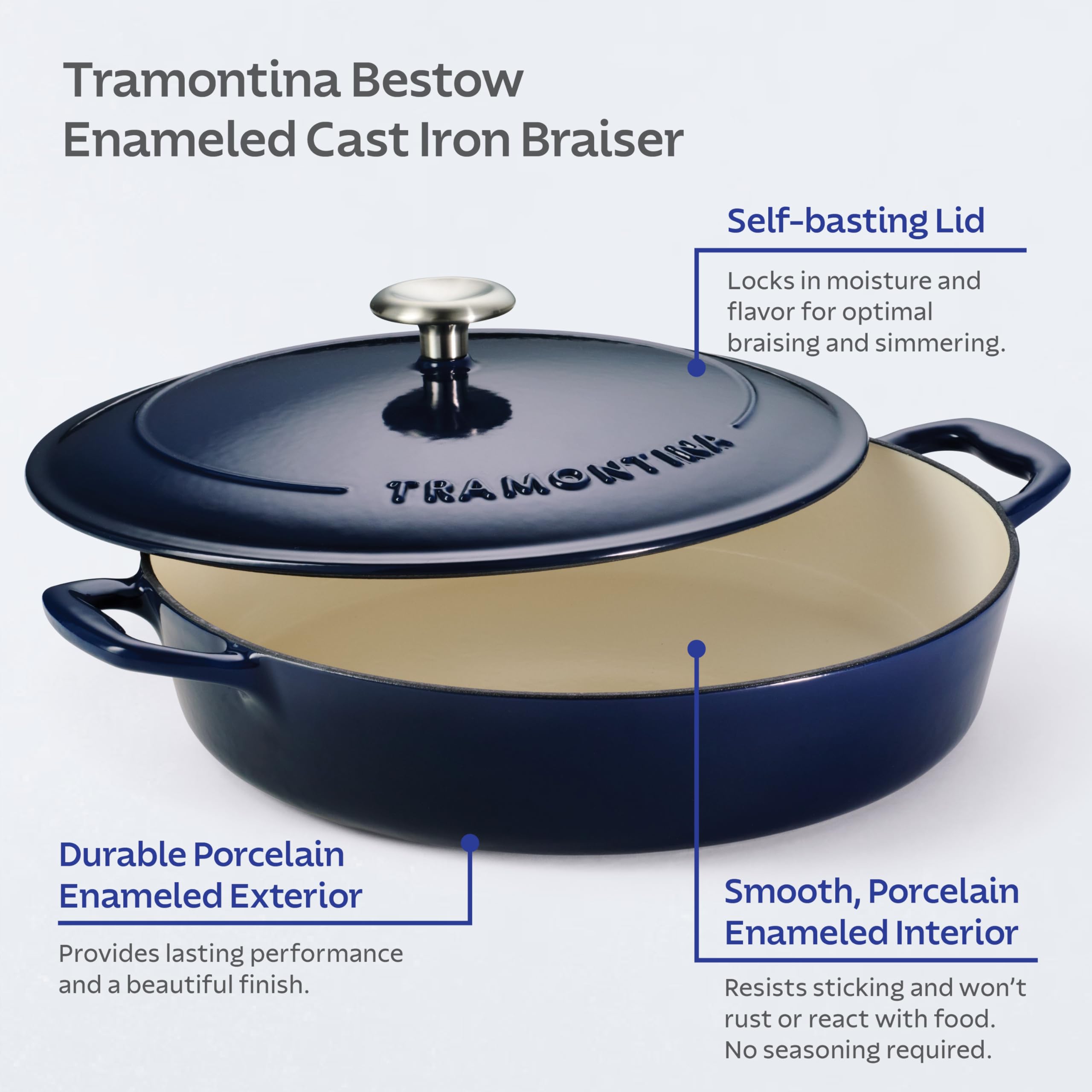 Tramontina Bestow Enameled Cast Iron 4-Qt Braiser Pan with Lid, Blue