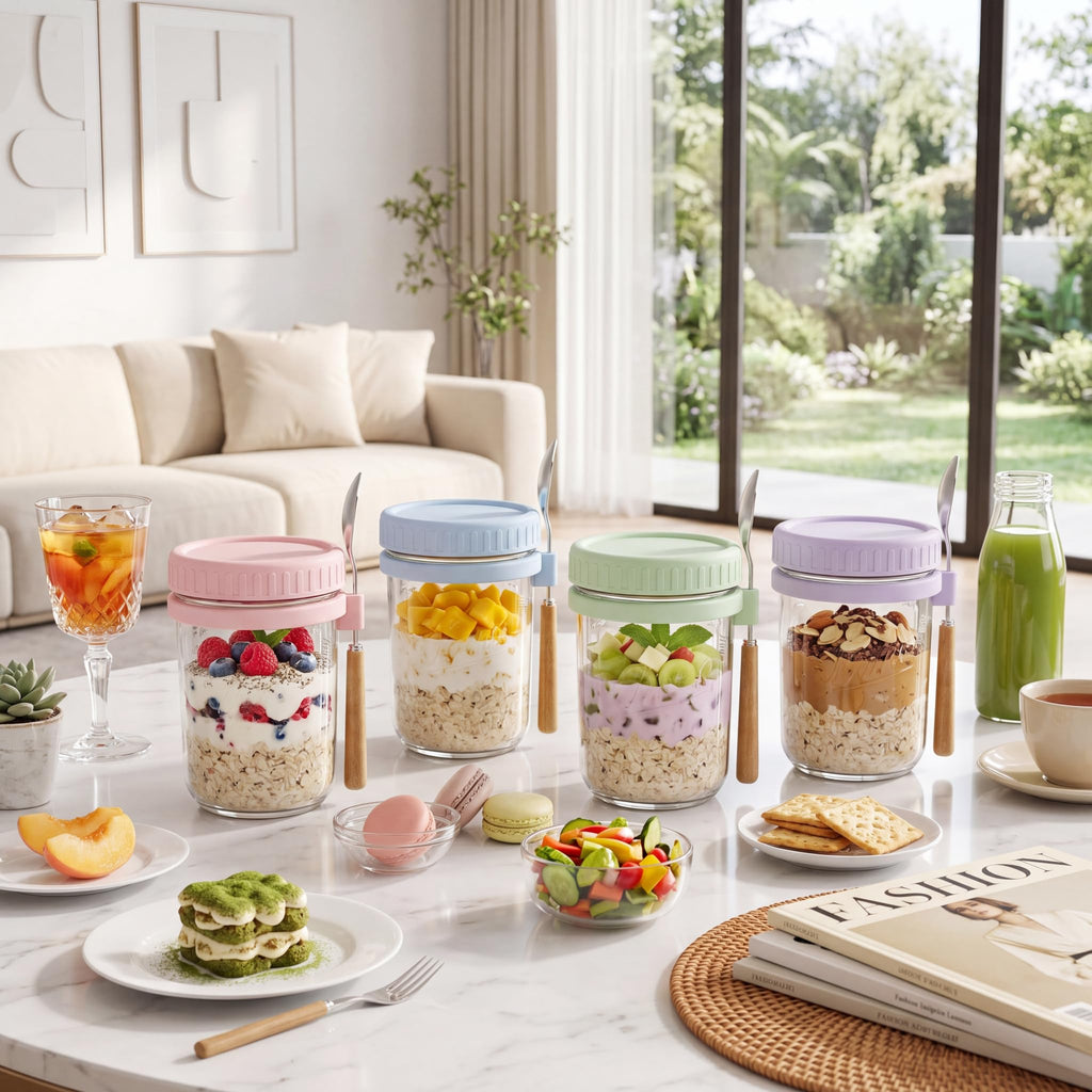 16oz Glass Overnight Oats Containers with Lids and Spoons, 4 Pack Pink