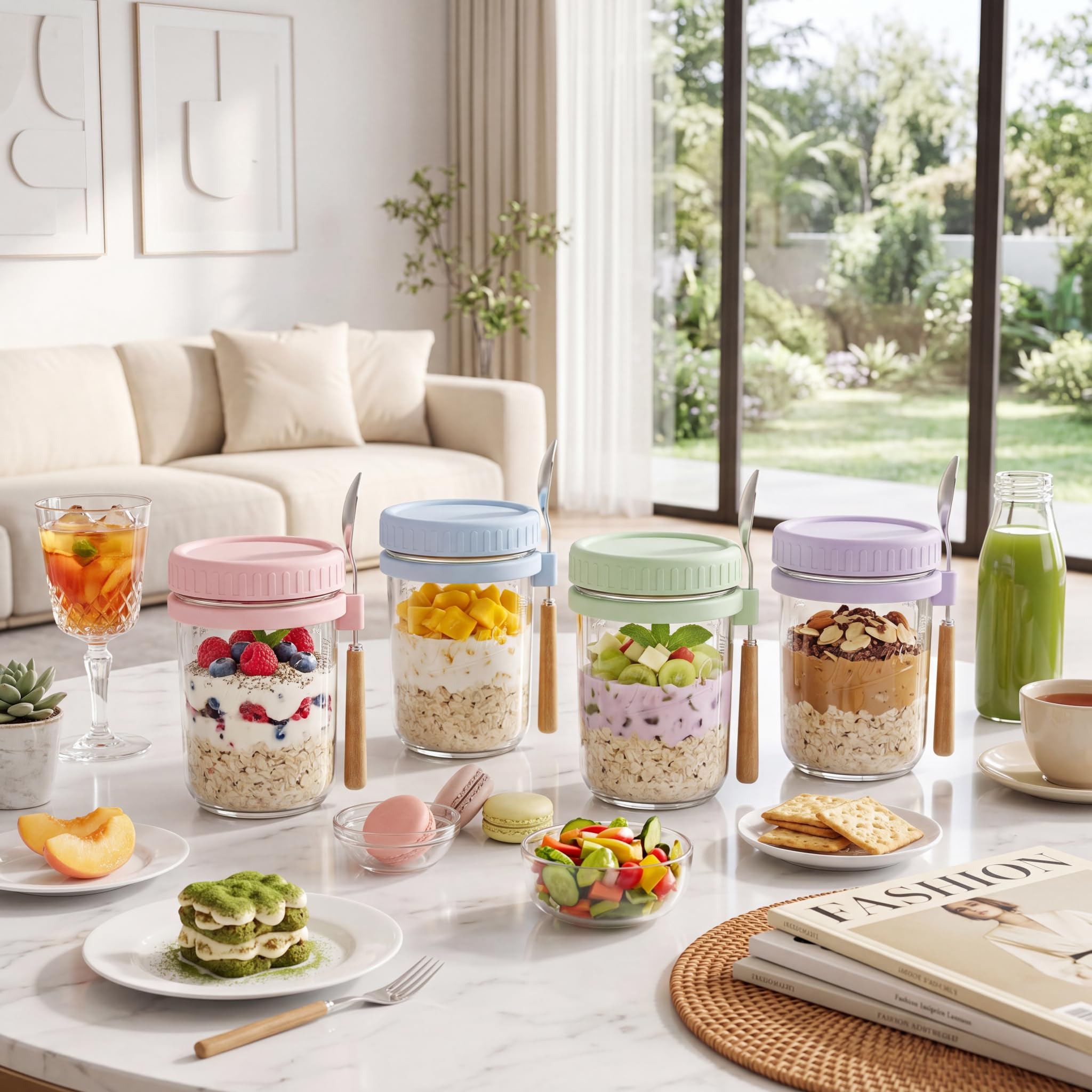 16oz Glass Overnight Oats Containers with Lids and Spoons, 4 Pack Pink