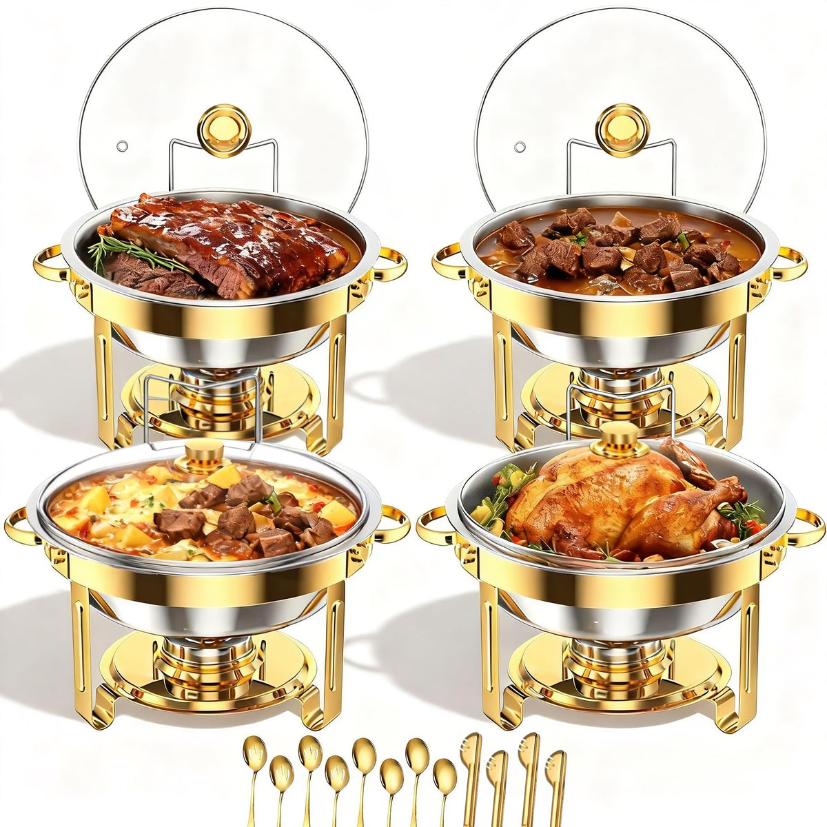 EffiQ-Rate 5QT Round Chafing Dishes for Buffet, Gold, 4 Pack