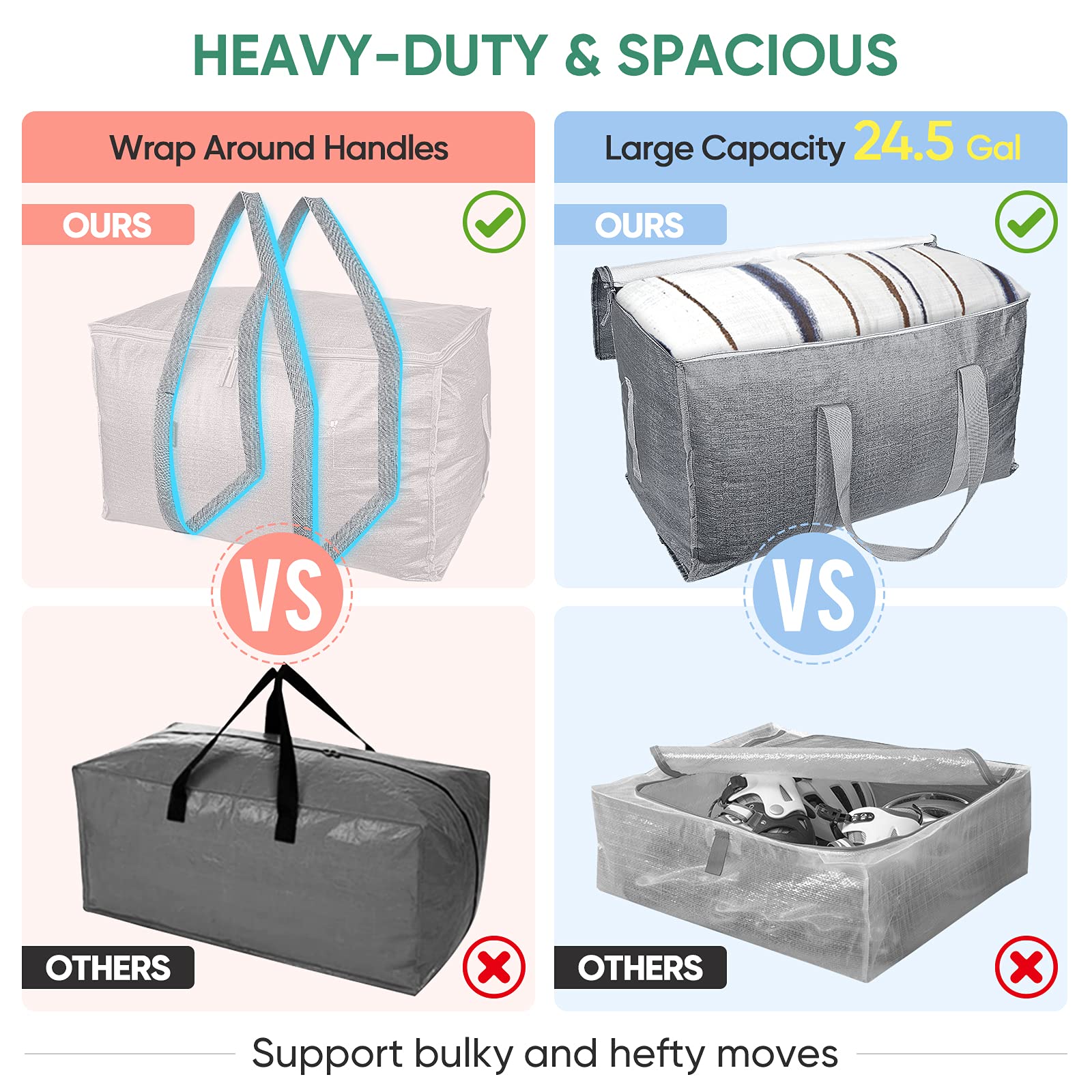 BALEINE 6-Pack Oversized Moving Bags with Reinforced Handles, Heavy-Duty Storage Tote for Clothes, Moving Supplies (Winter Grey, 6-Pack)