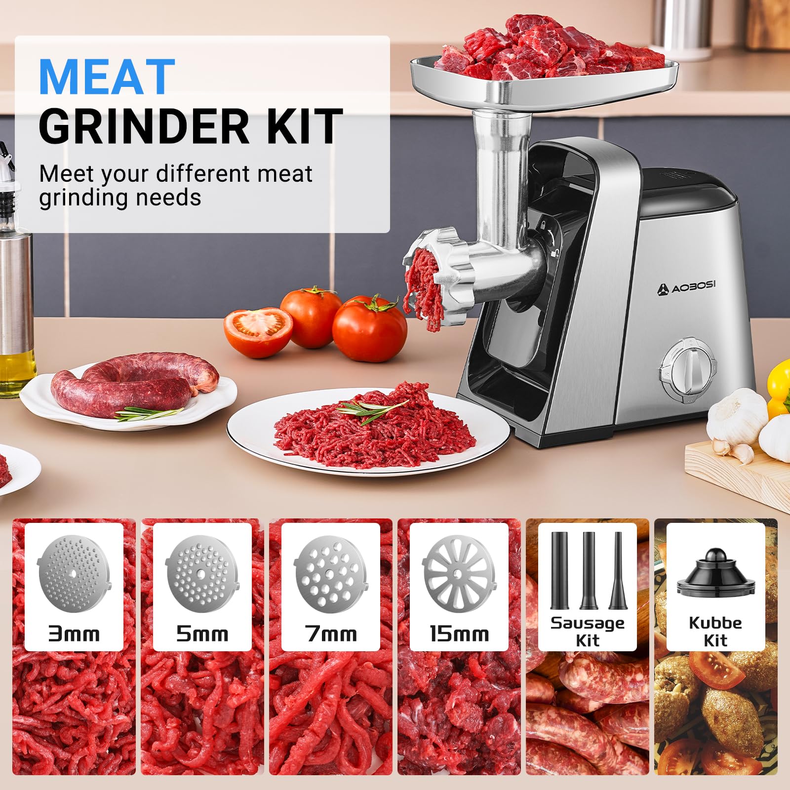 AAOBOSI #8 Meat Grinder, 6-In-1 Meat Grinder Electric [3000W Max] with 4 Slice, Shred Blades,2 Grinding Blades,4 Plates, 3 Sausage Stuffer,Kubbe Kit, Burger Press, 2 Meat Claws, for Home Kitchen Use