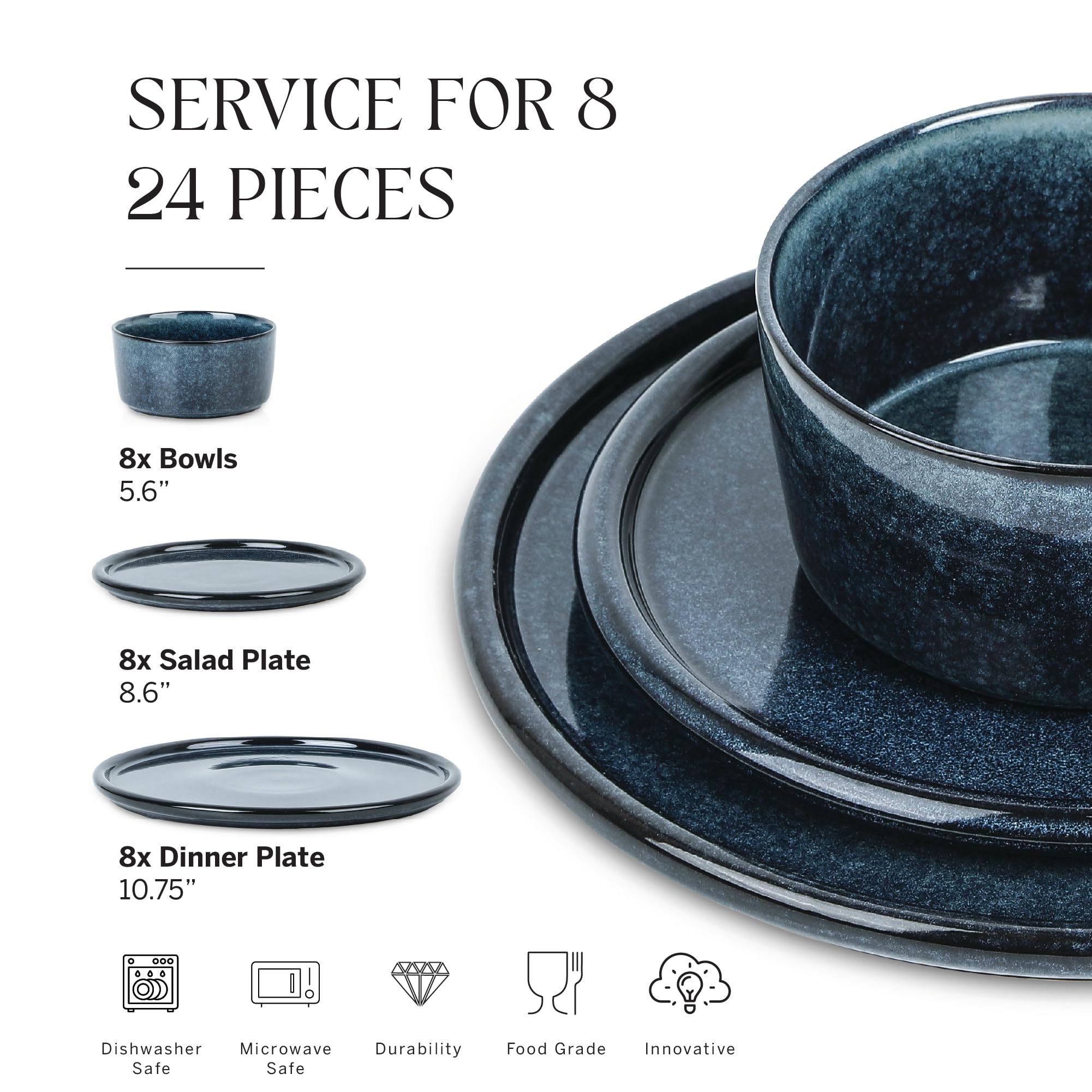 Stone Lain Eden 24-Piece Dinnerware Set Stoneware, Plates and Bowls Set, Dishwasher and Microwave Safe Dish, Dish Set for 8, Dark Blue