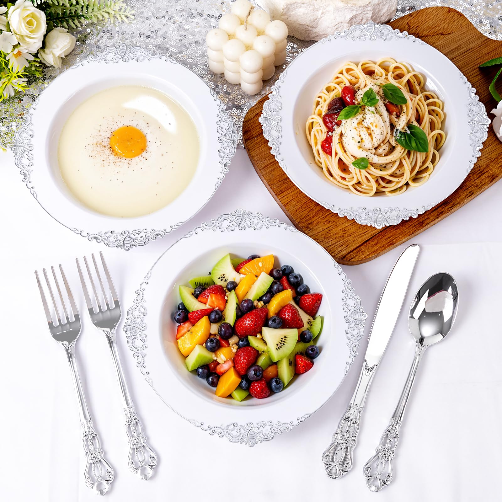 Joyido 100PCS Silver Plastic Bowls - 12 oz Silver Disposable Salad Bowls - Heavy Duty Disposable Soup Bowl - Fancy Plastic Ice Cream Bowl for Weddings Parties Dinners Picnics